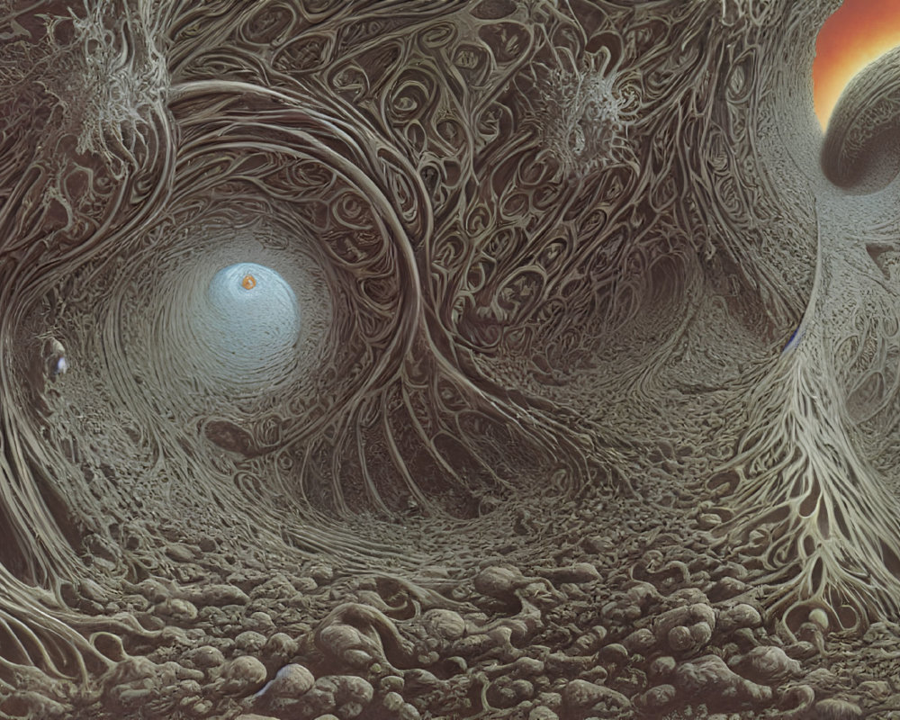 Intricate surrealistic artwork: swirling vortex, eye-like structures, textured patterns.