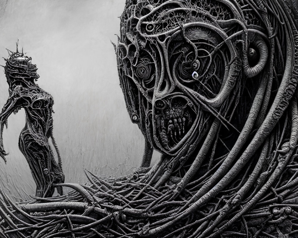 Monochrome surreal artwork: intricate figure with tentacle-like features and humanoid silhouette on textured background