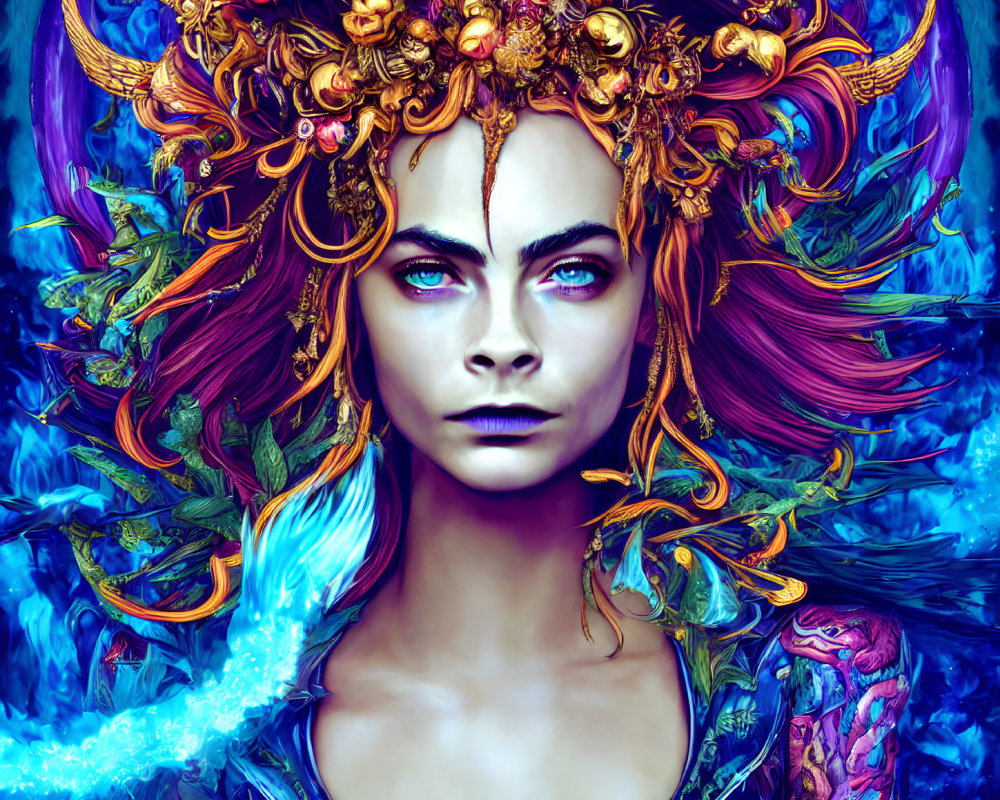 Colorful portrait of woman with golden headpiece and blue eyes