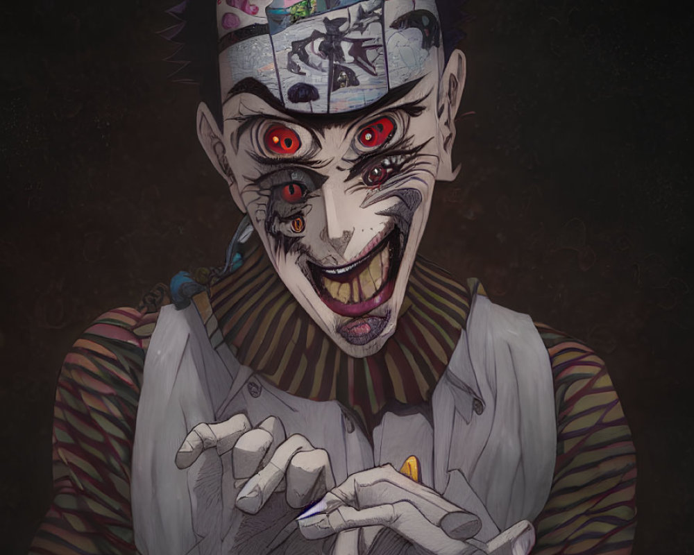 Creepy clown illustration with sharp teeth, red eyes, and symbolic head, in striped outfit.