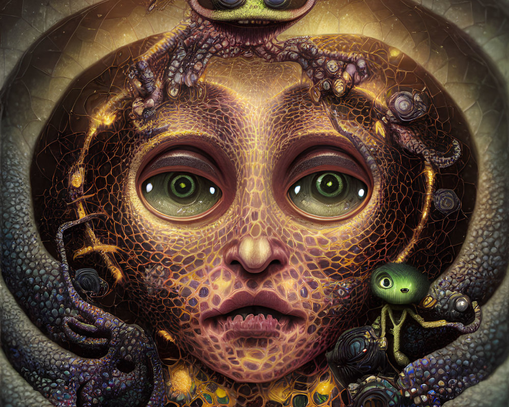 Surreal portrait of creature with green eyes, web-like skin, tentacles, and reptilian