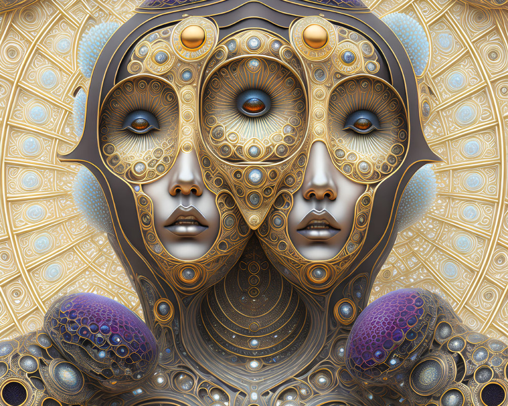 Symmetrical digital artwork with humanoid faces and golden patterns