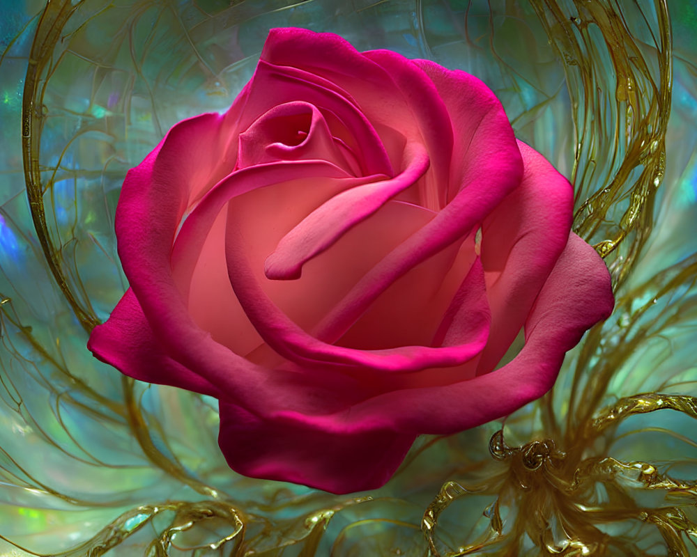 Pink Rose in Full Bloom with Golden Swirls and Turquoise Background