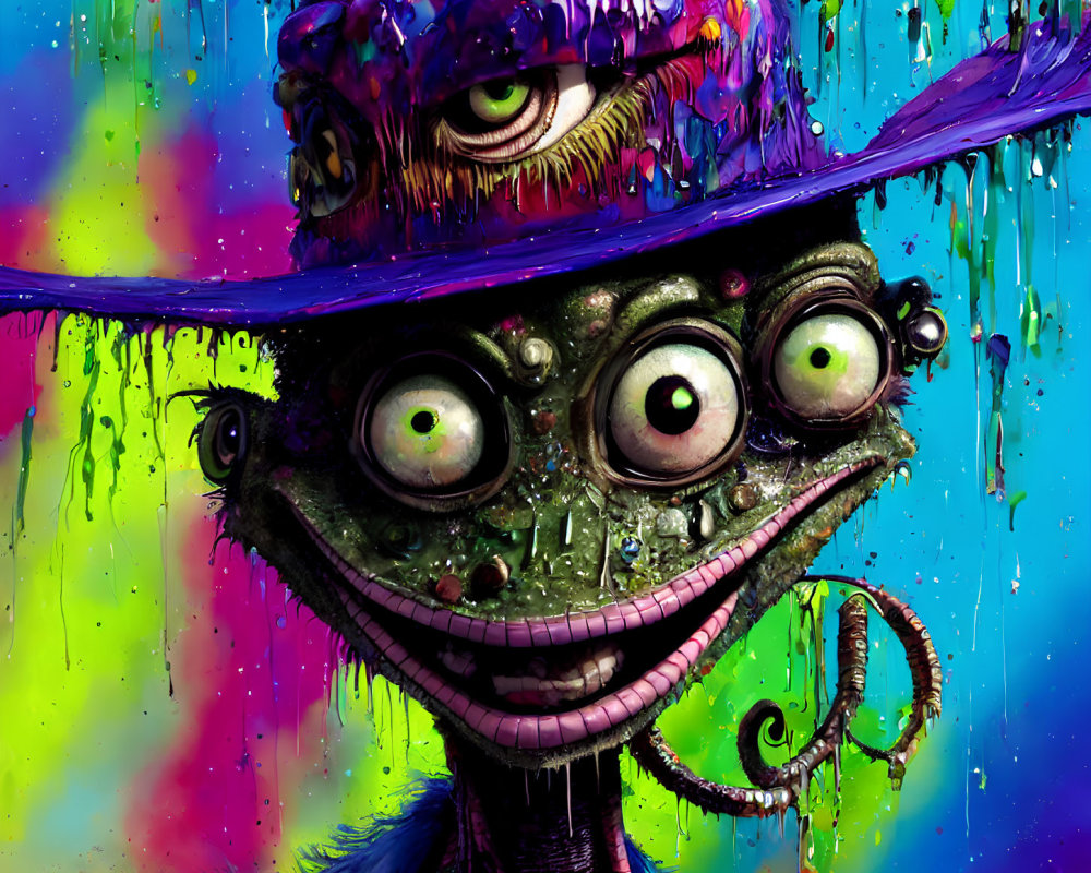 Colorful surreal character with multiple green eyes and purple hat in vibrant image.