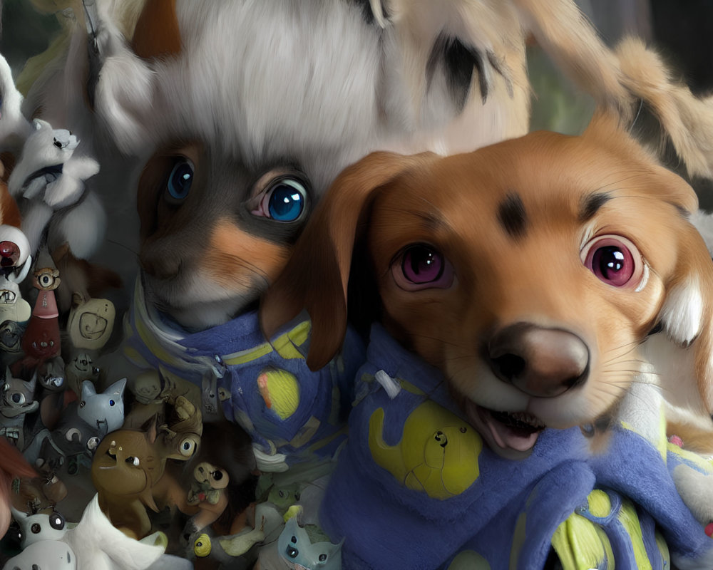 Two animated puppies in blue hoodies with expressive eyes among cute figurines