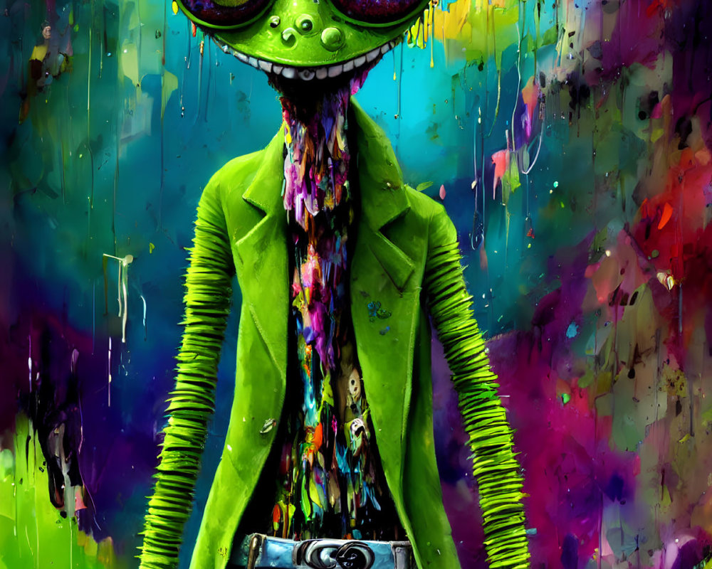 Colorful painting of green alien in suit jacket and jeans on dripping paint backdrop