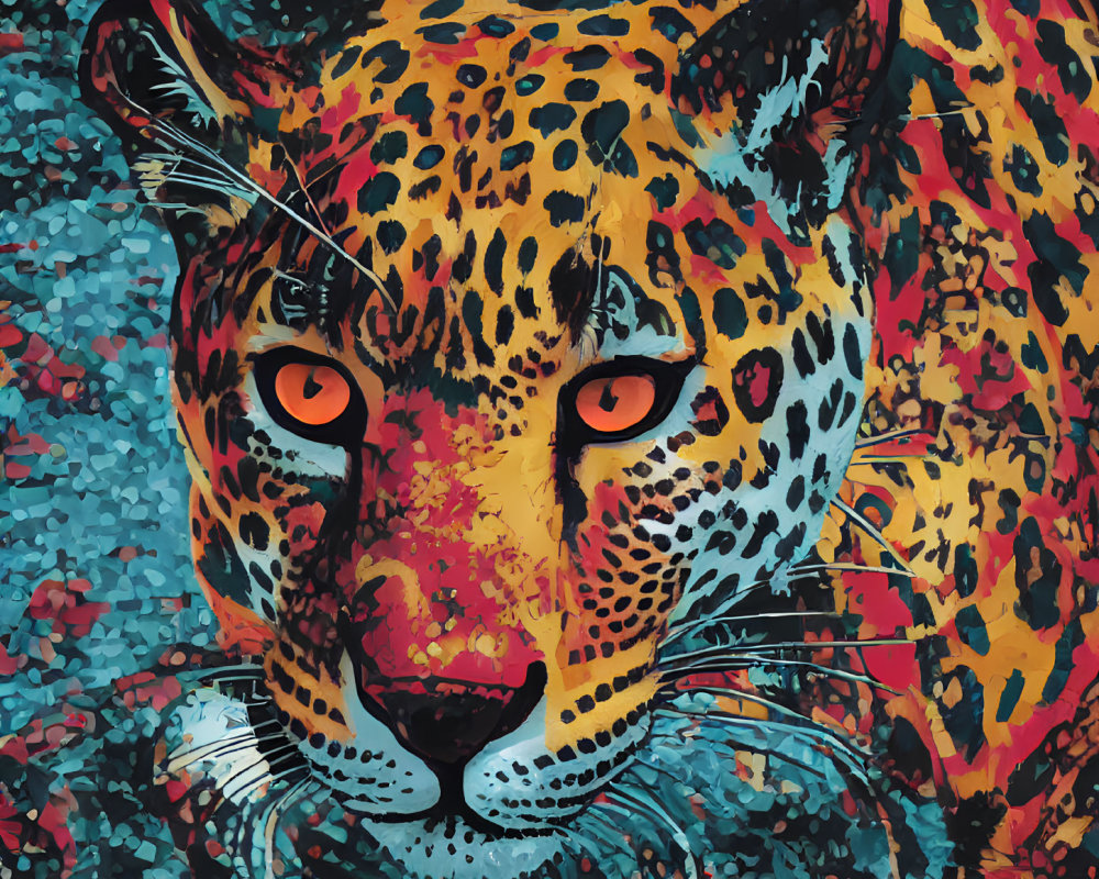 Colorful Leopard Image with Intense Orange Eyes and Patterned Background