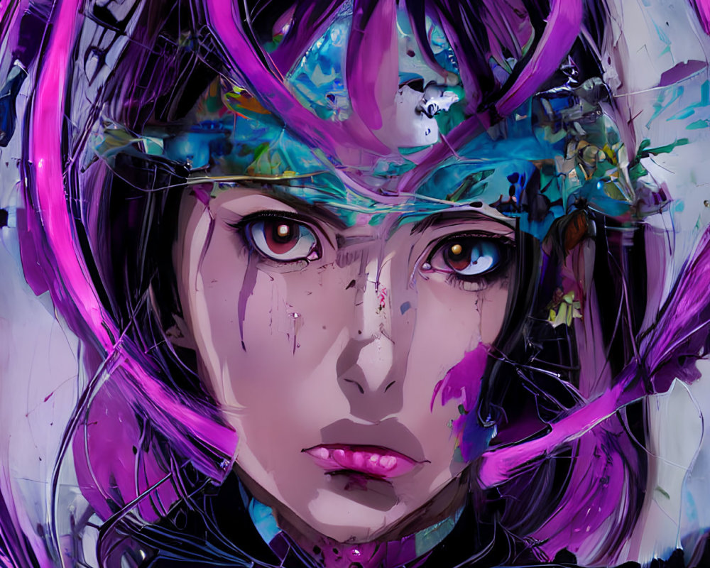 Colorful digital painting of female figure with futuristic helmet and purple hair