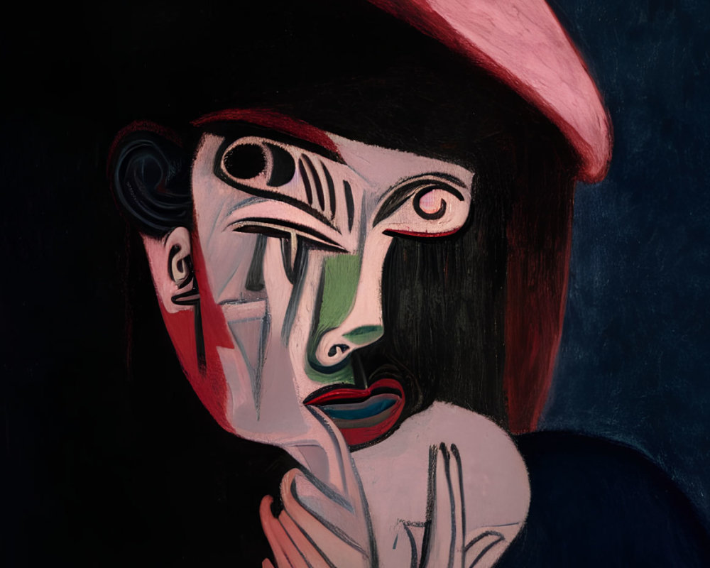 Expressionist painting of woman in red hat with angular features