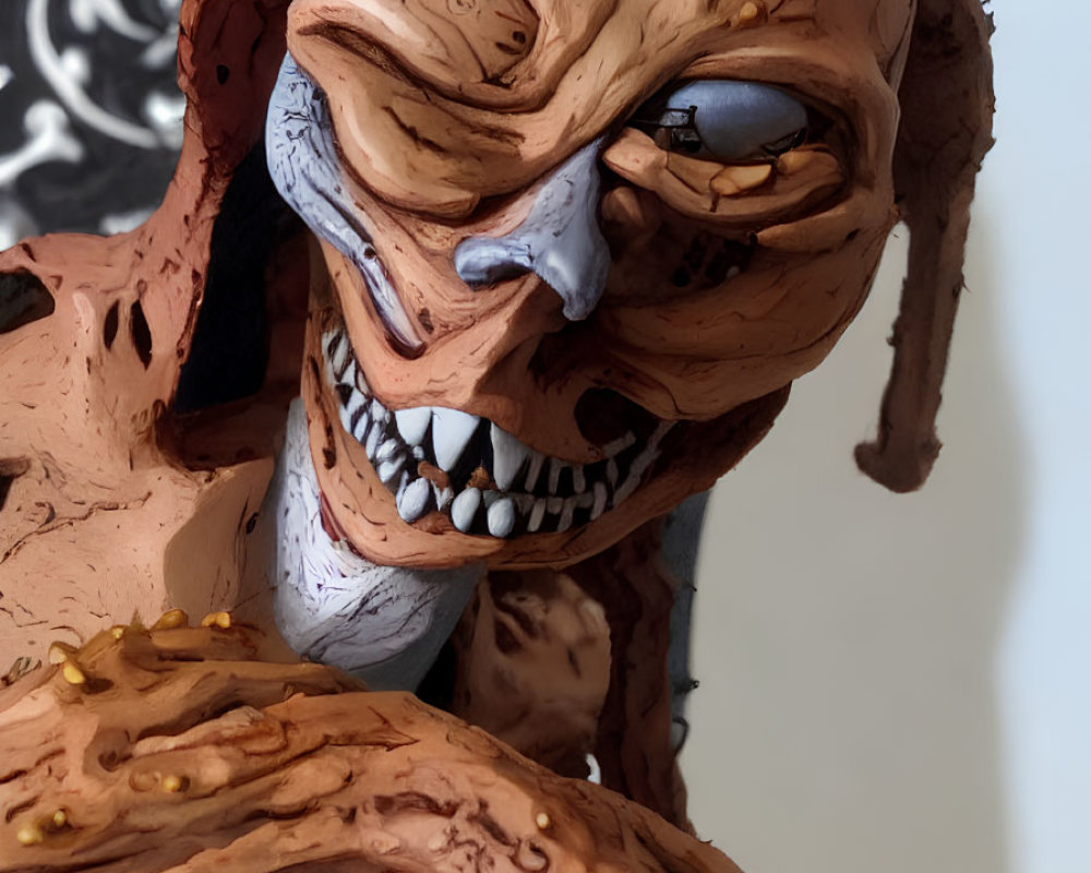 Menacing sculpture with fleshy texture and monstrous face