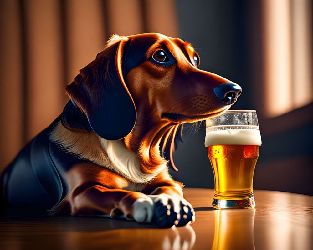 Brown and Black Dachshund Next to Pint of Beer on Wooden Surface