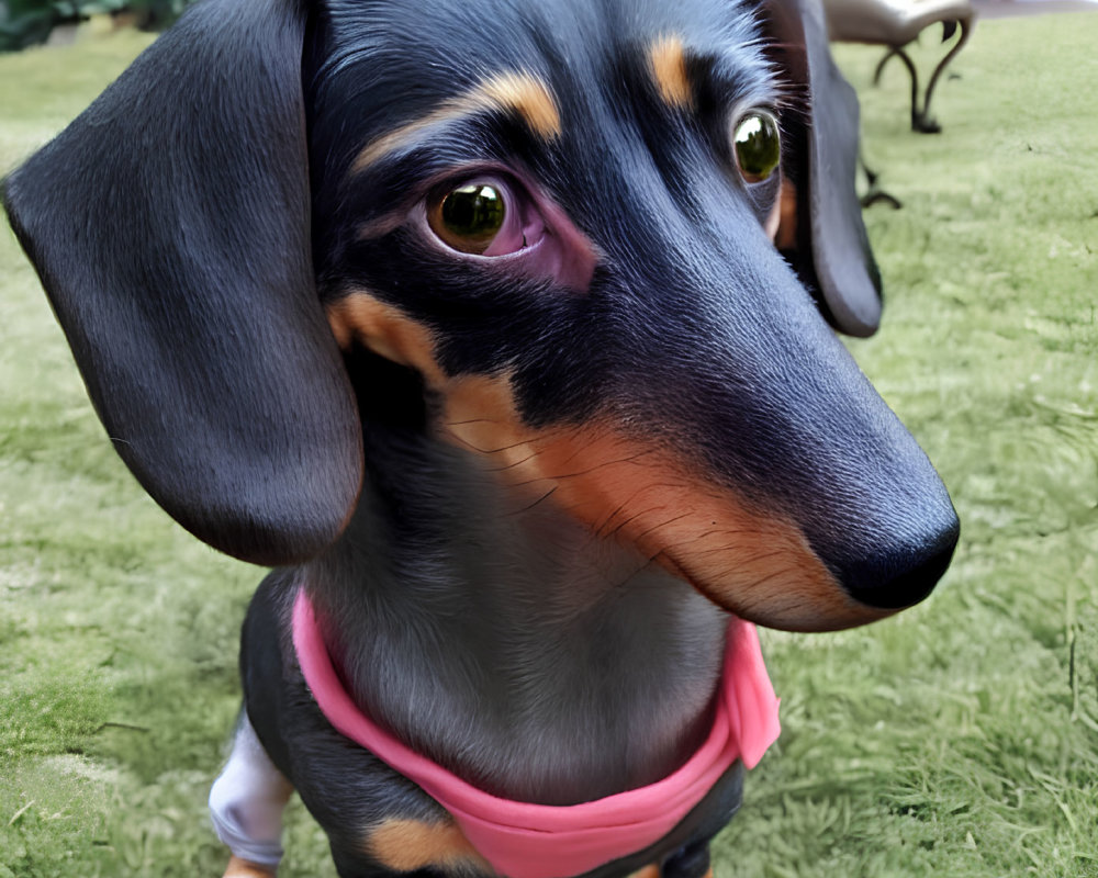 Black and Tan Dachshund with Pink Collar on Grass