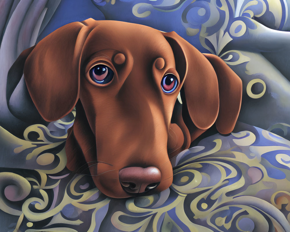 Brown dog with expressive eyes on blue and yellow background