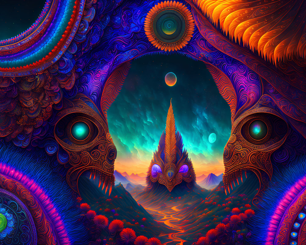 Colorful Psychedelic Landscape with Mountains, Celestial Bodies, and Eyes