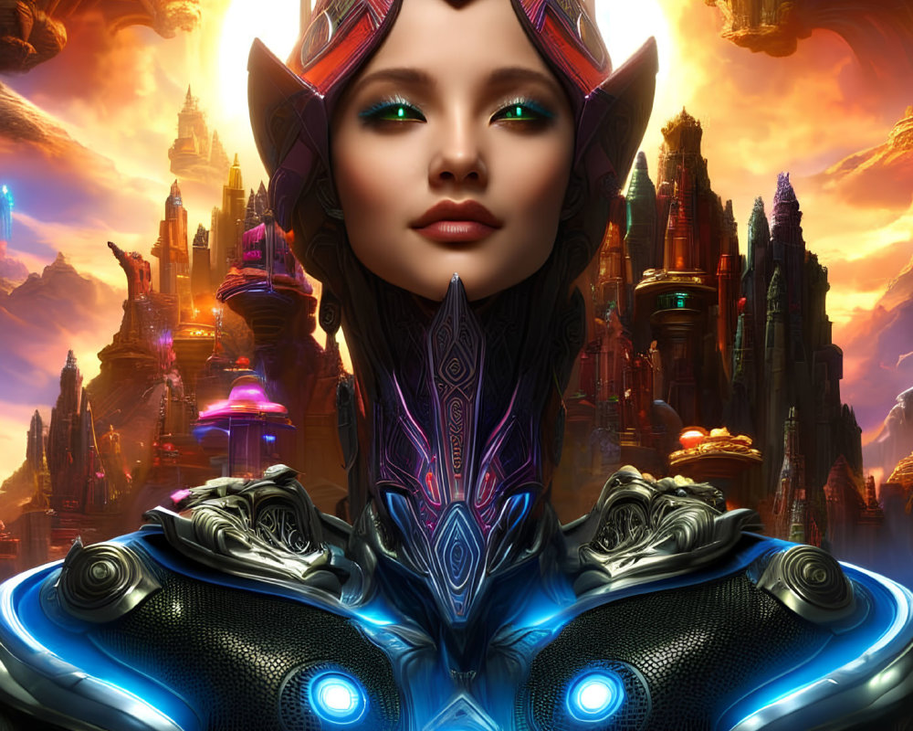 Futuristic female figure in high-tech armor with elaborate headgear before sci-fi cityscape