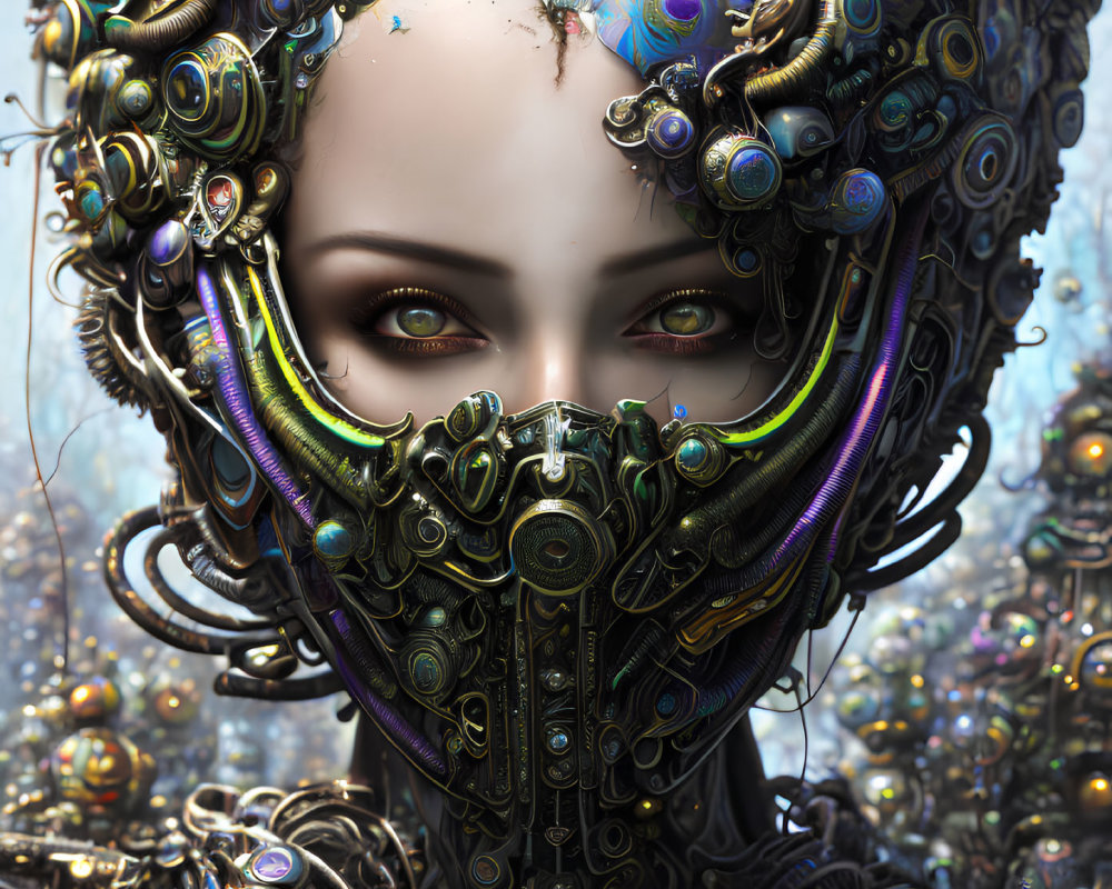 Cybernetic humanoid with ornate headpiece and mask in digital art piece