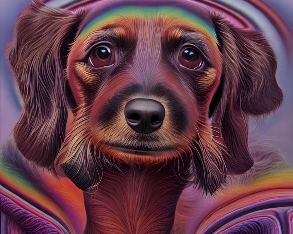 Colorful digital artwork of a dog with soulful eyes and psychedelic background