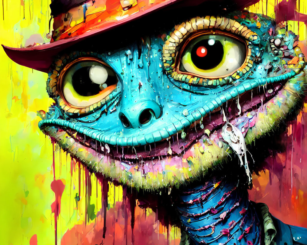 Whimsical anthropomorphic lizard with hat in vibrant colors