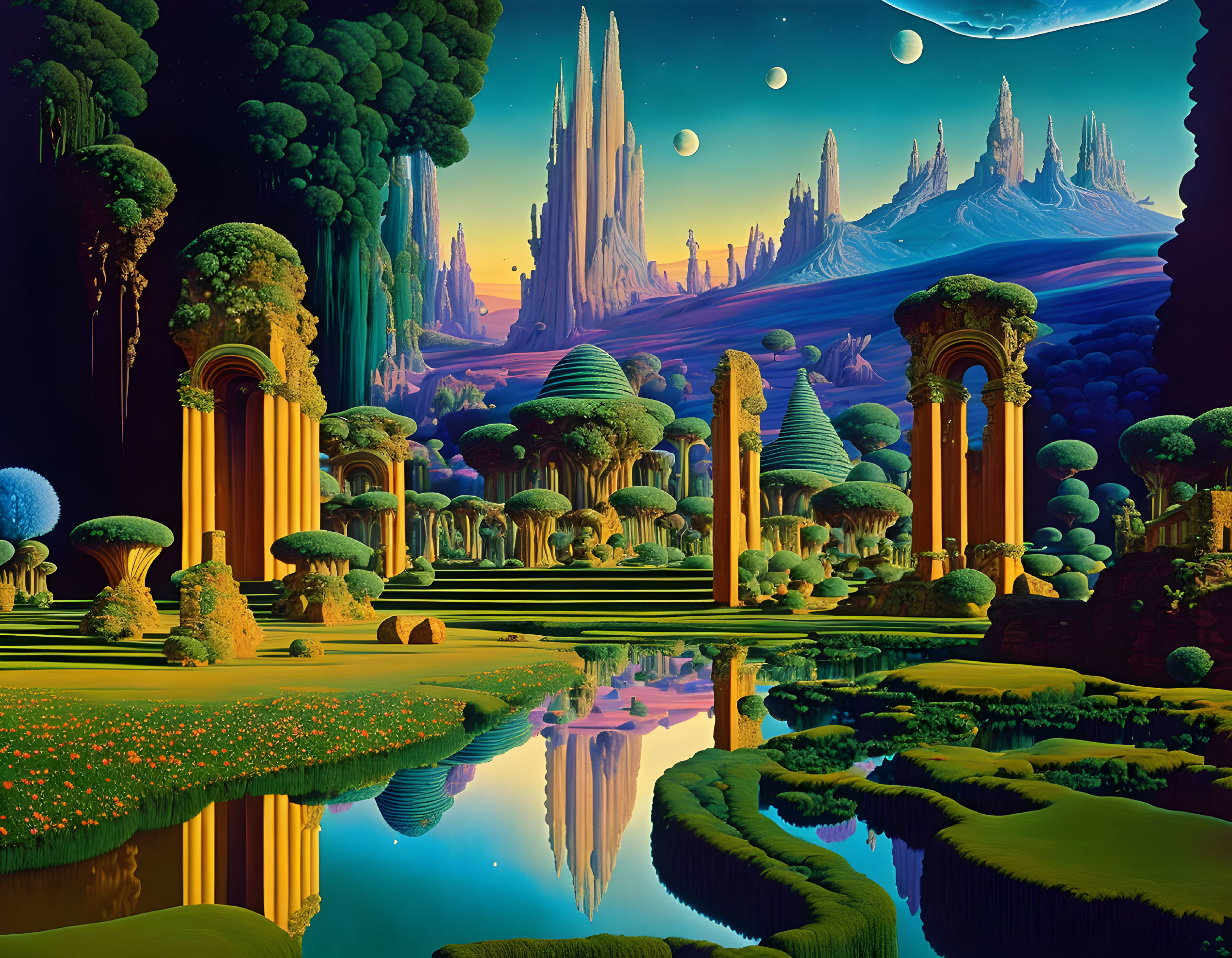 Vibrant surreal landscape with classical columns and lush vegetation