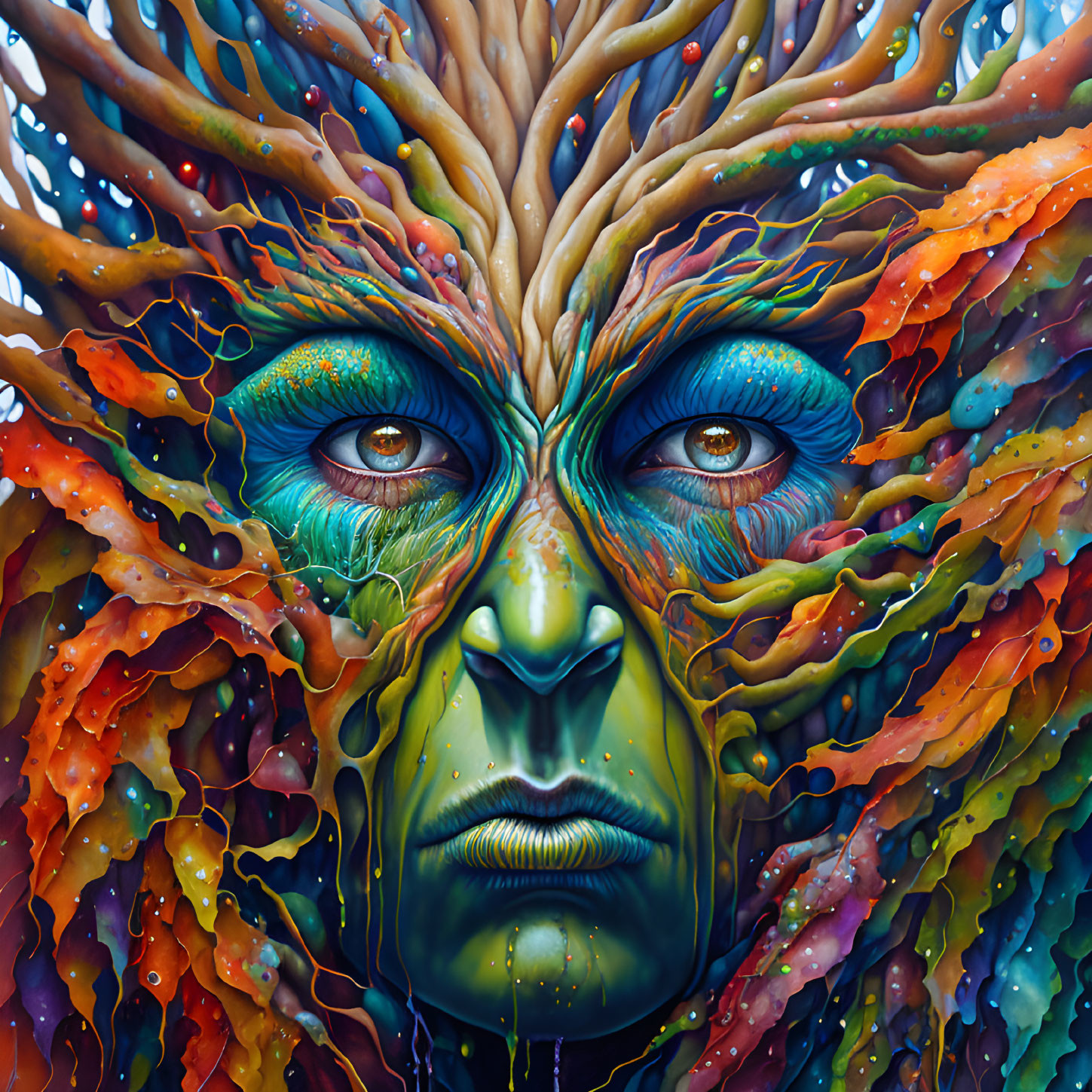 Colorful surreal artwork: face with tree-like features and blue eyes