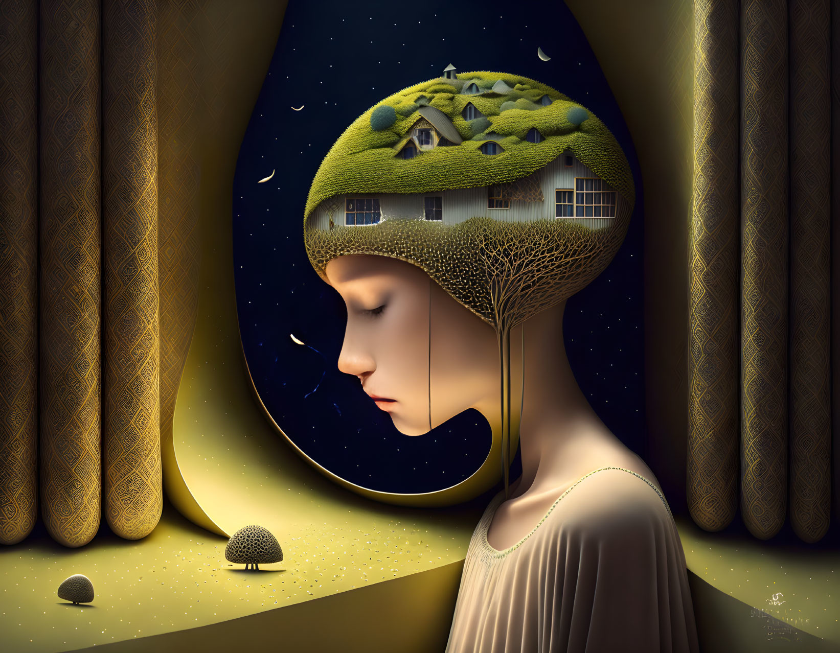 Surreal side profile artwork with open head revealing landscape