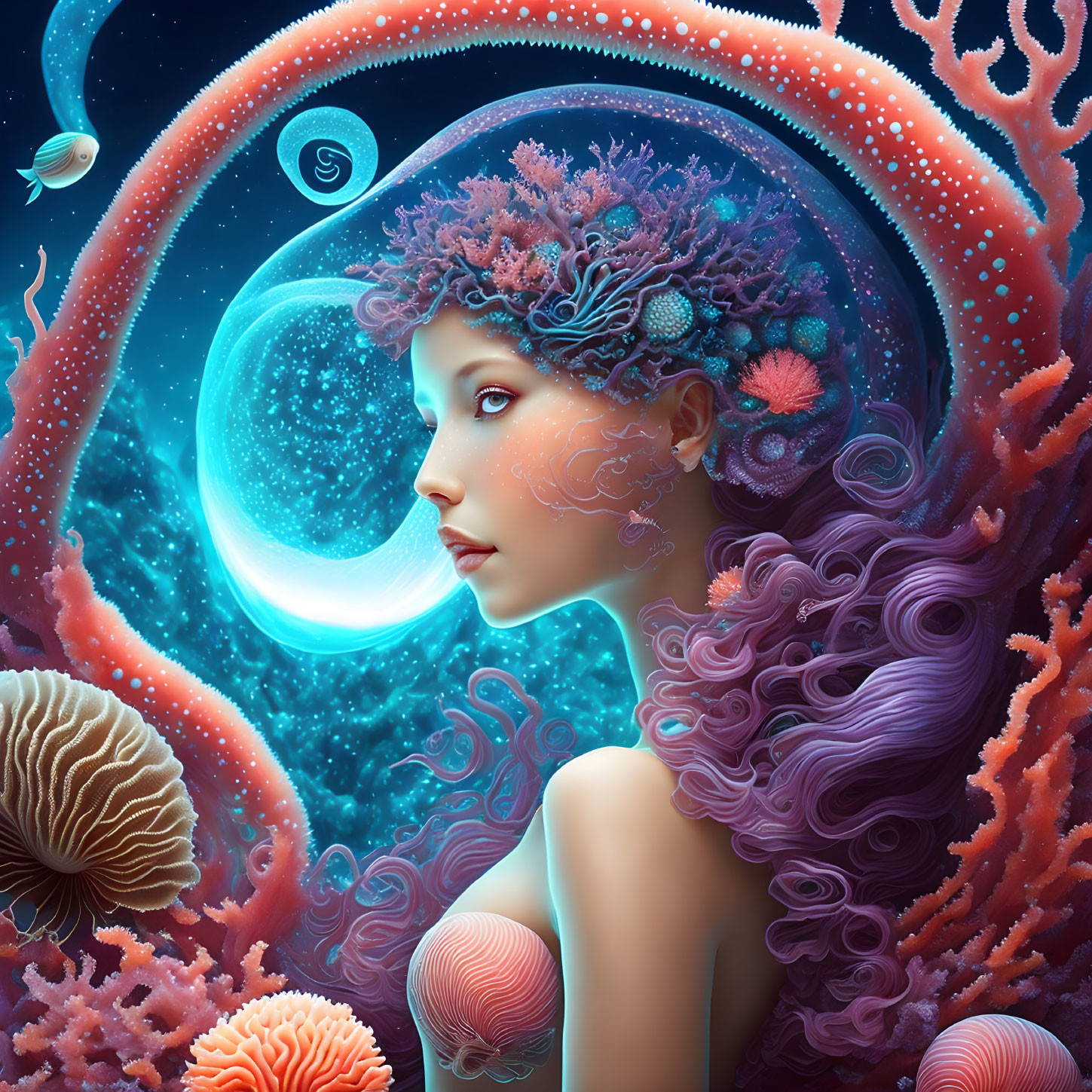 Colorful surreal portrait of woman with marine-themed elements and crescent moon backdrop