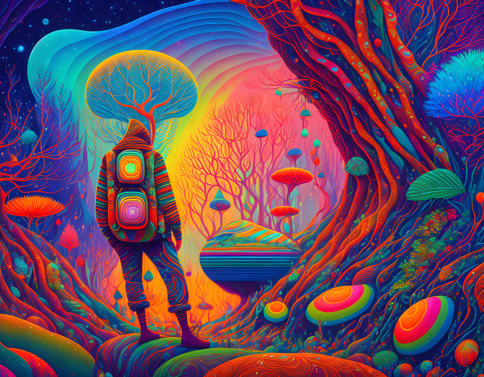 Colorful Psychedelic Forest Scene with Lone Figure and Fantastical Elements