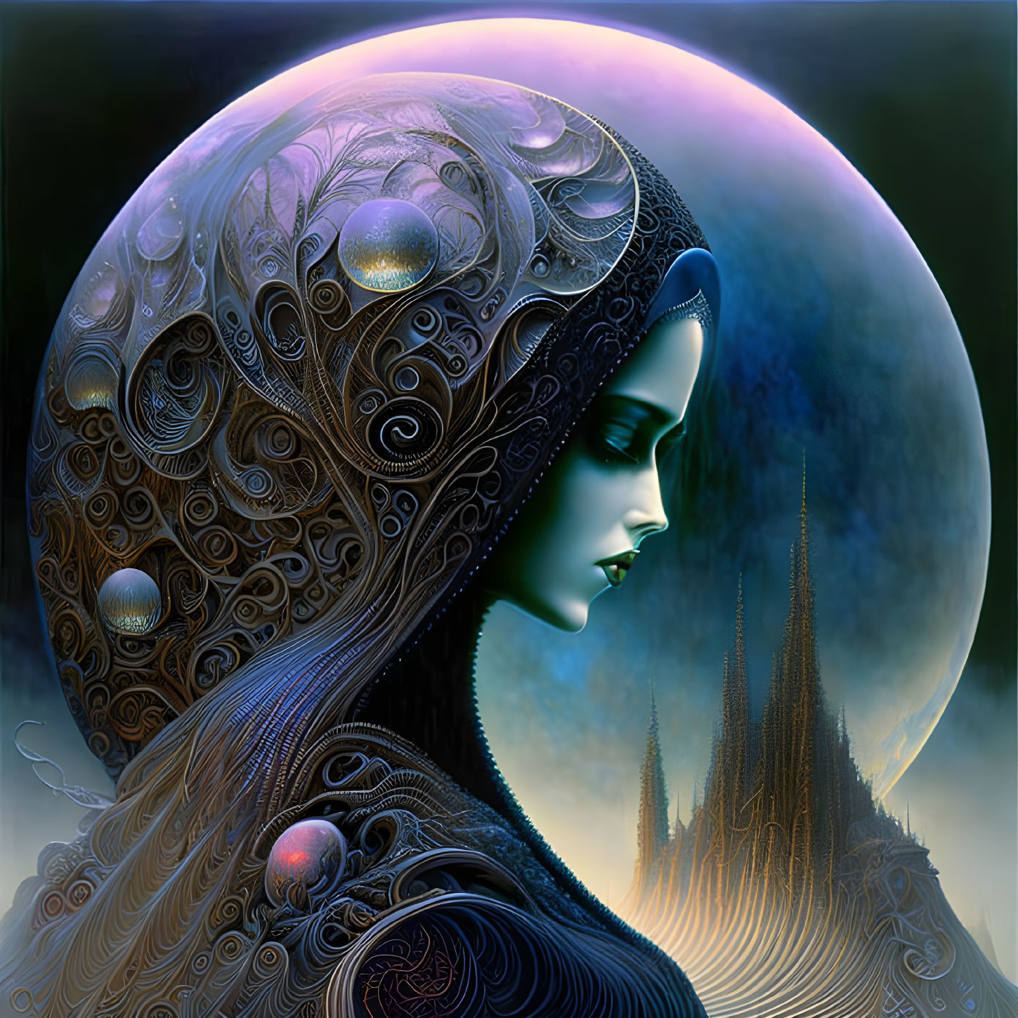 Surreal digital artwork of woman with ornate headgear against cosmic backdrop