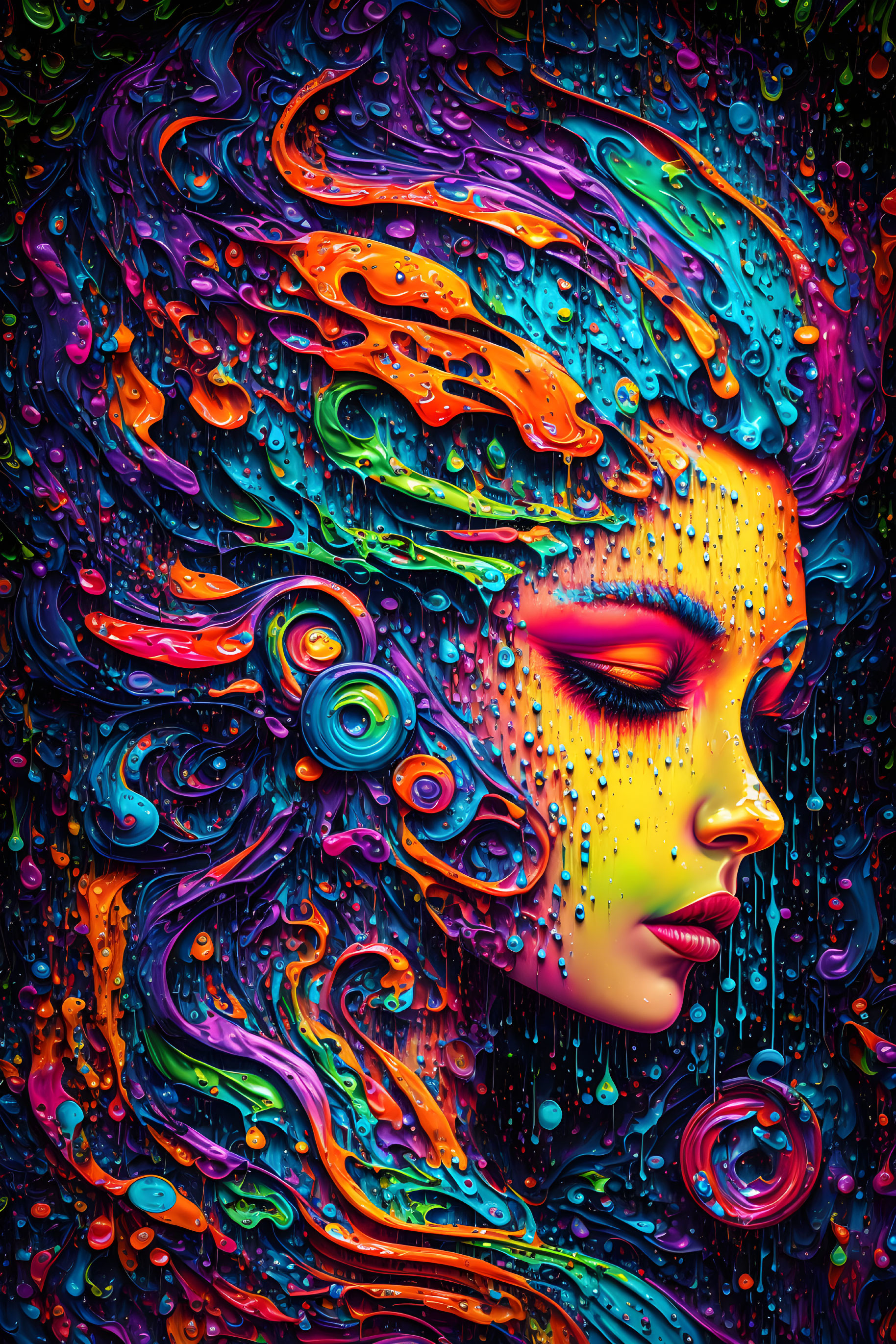 Colorful digital artwork: Woman's profile with flowing, melting rainbow hair