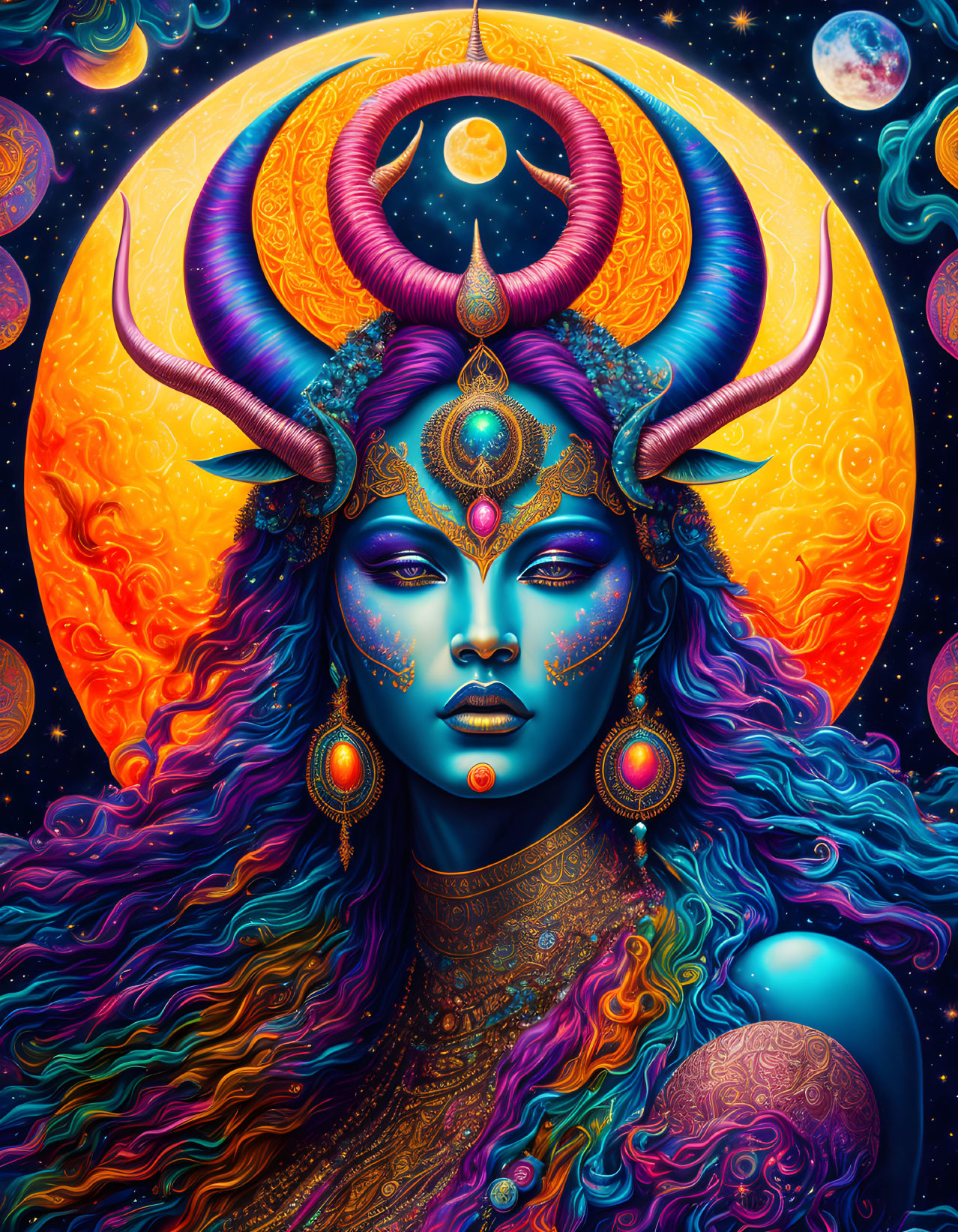 Colorful mystical being with horns and crescent moon, surrounded by celestial bodies in fantasy and psychedelic style