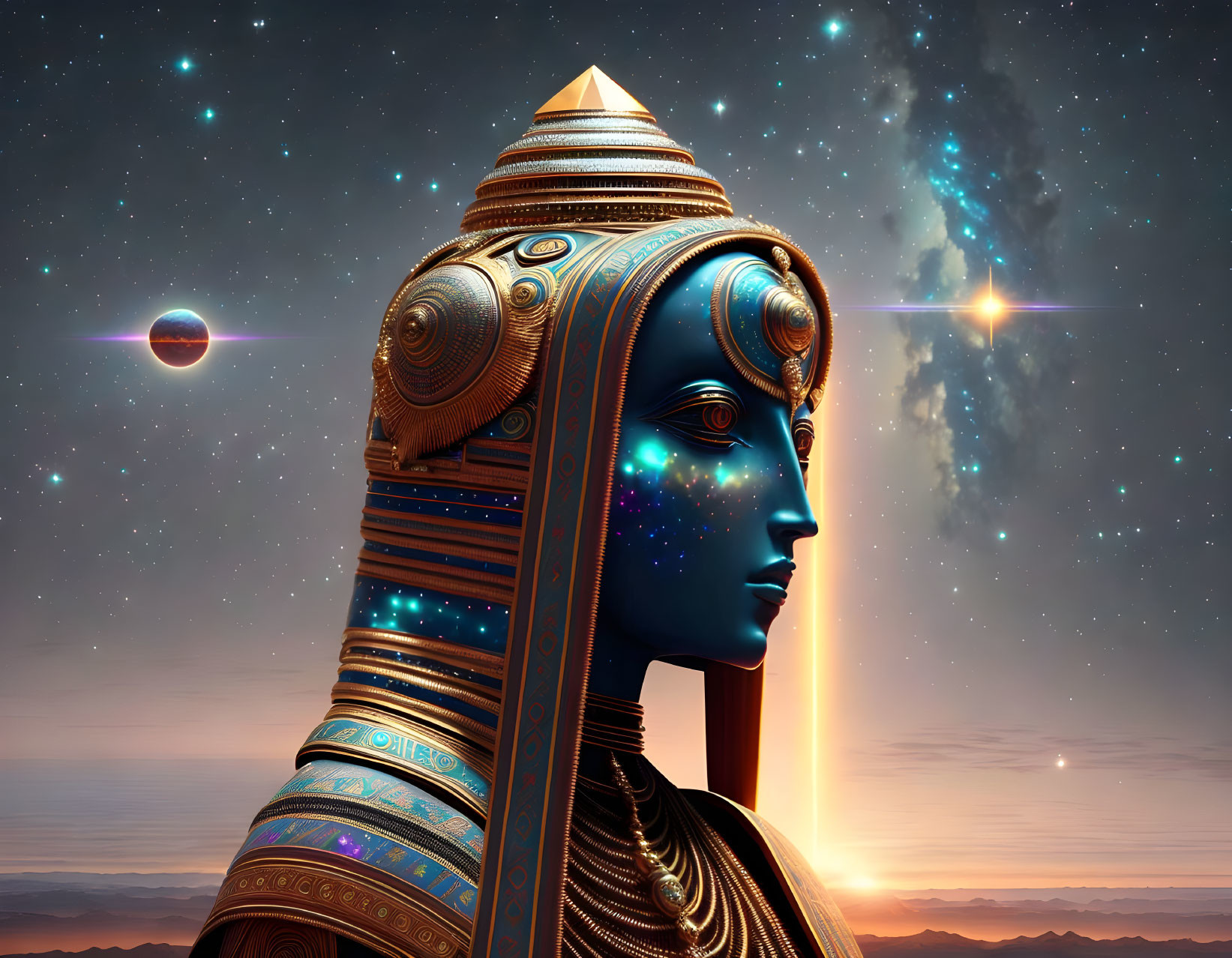 Robotic Egyptian Pharaoh head with cosmic backdrop and stars.