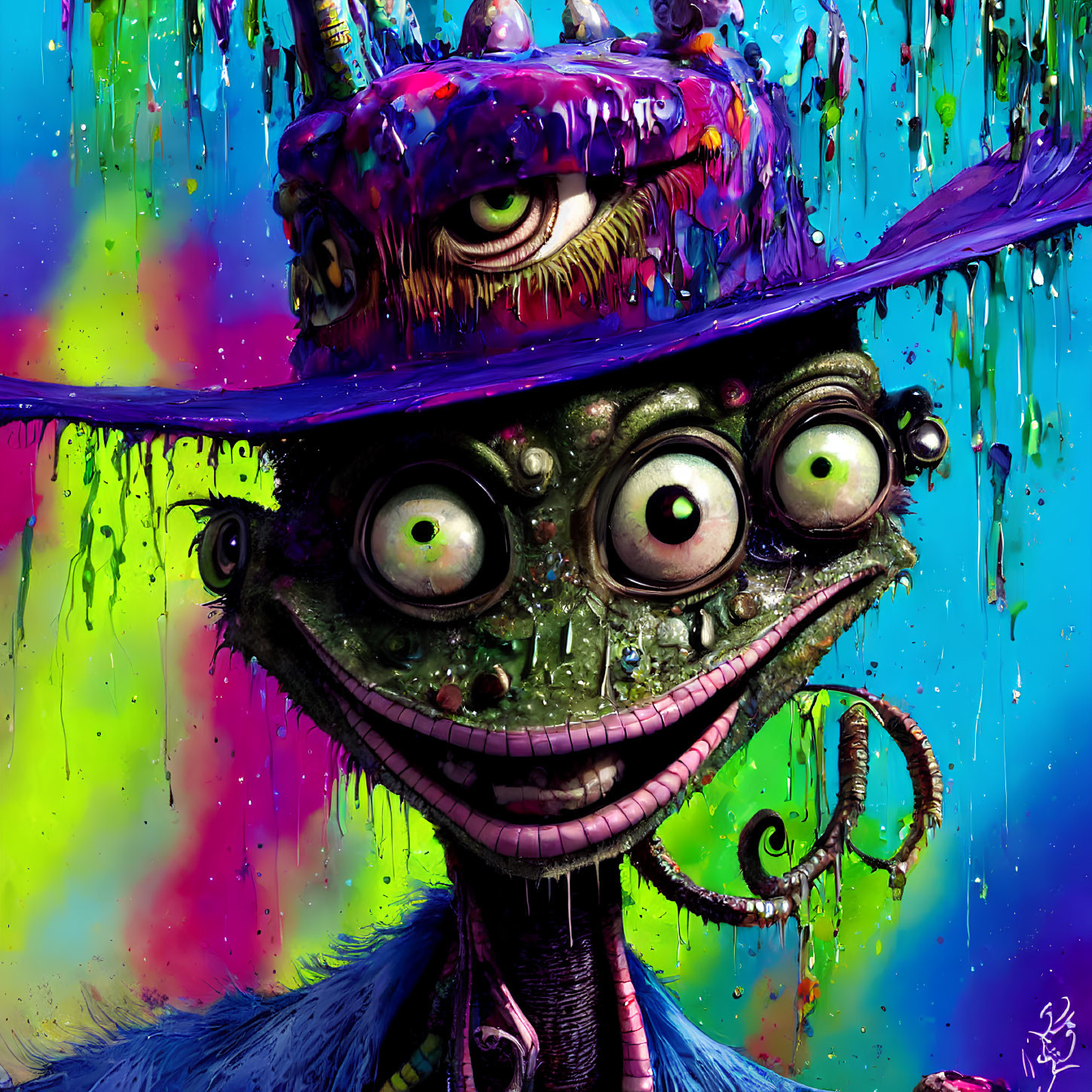 Colorful surreal character with multiple green eyes and purple hat in vibrant image.