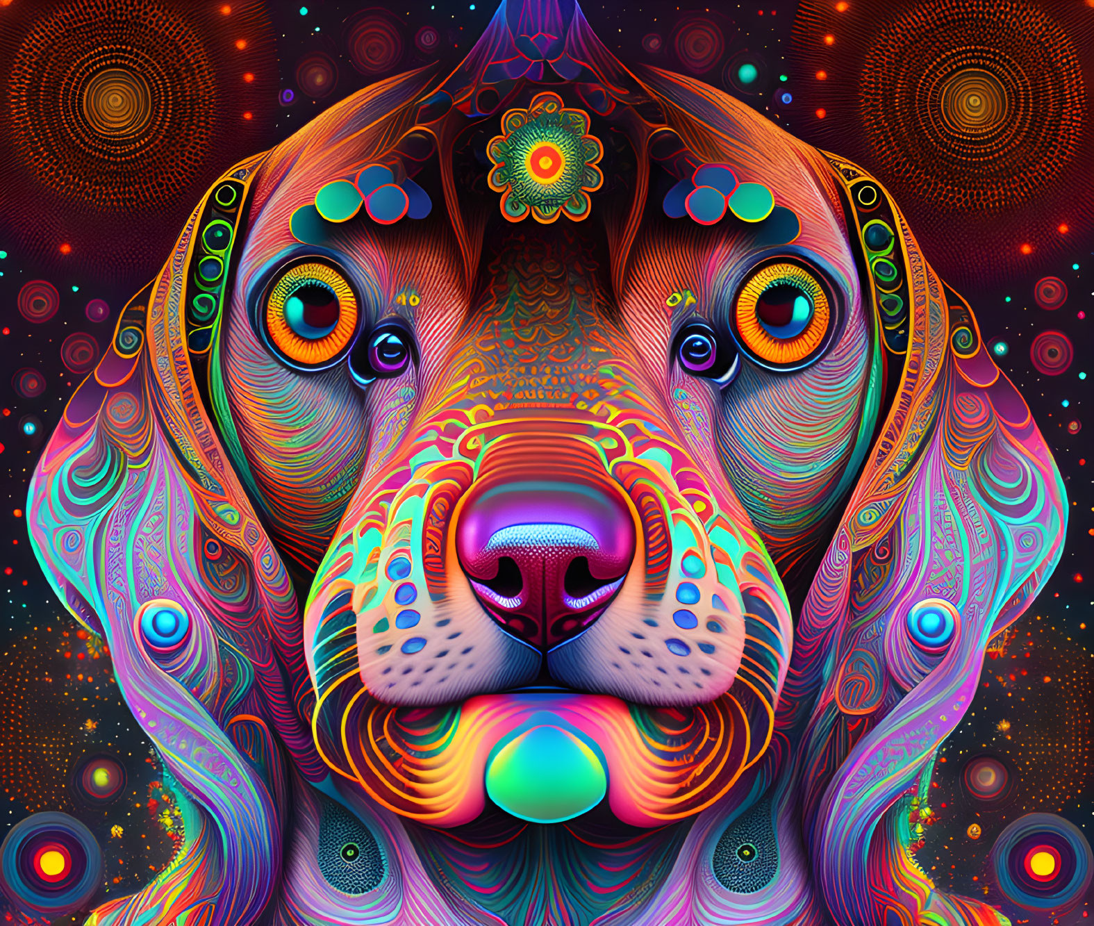 Colorful Psychedelic Dog Illustration with Intricate Patterns