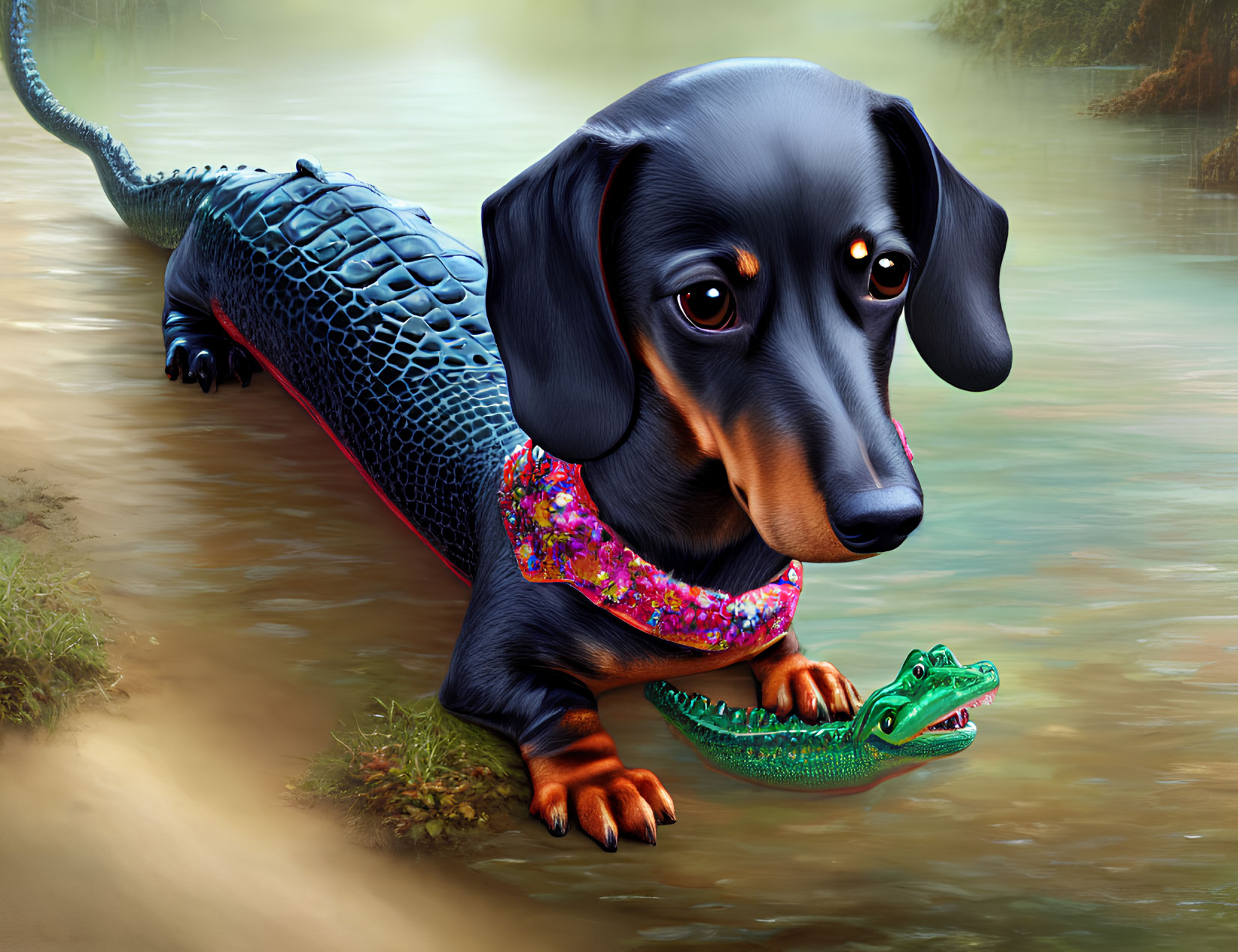 Digital Artwork: Dachshund with Alligator Features in Pink Scarf