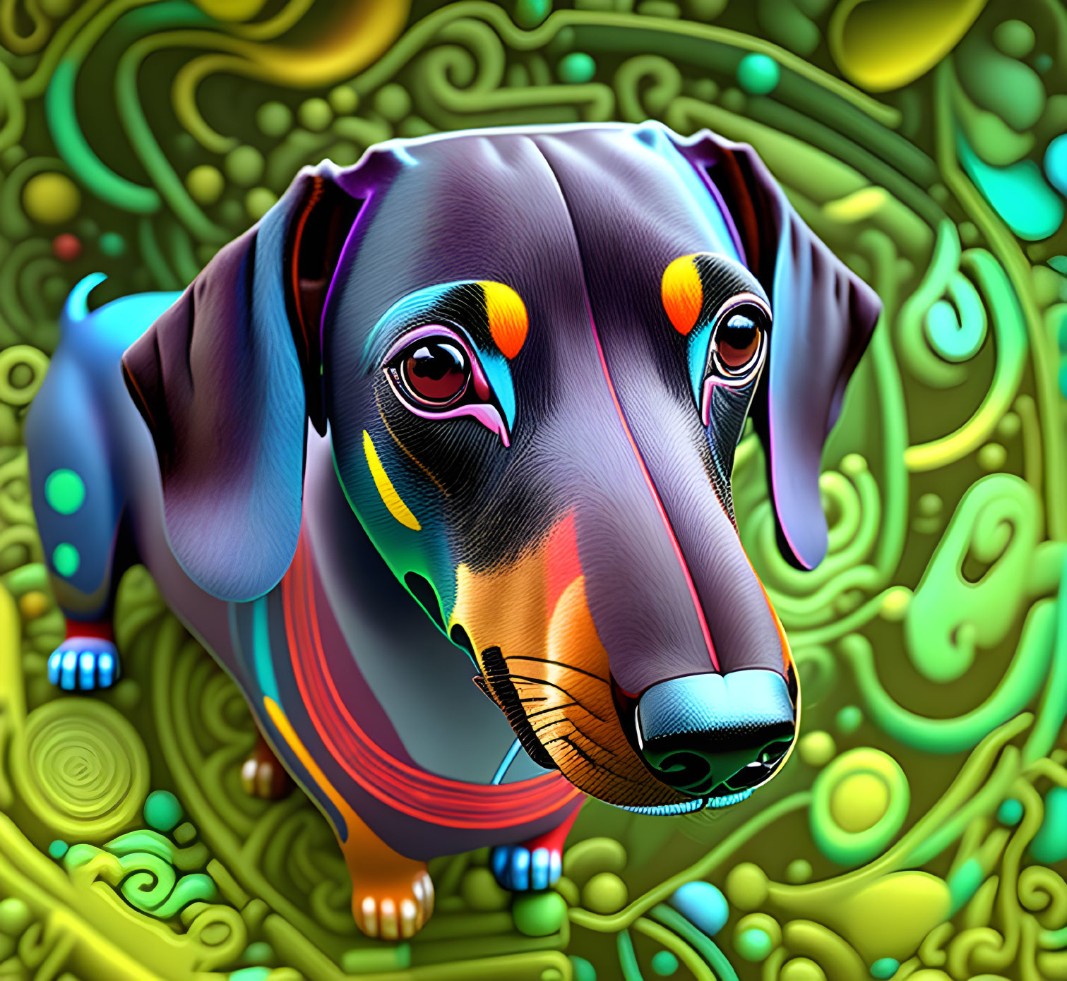 Colorful Psychedelic Dachshund Artwork on Ornate Background