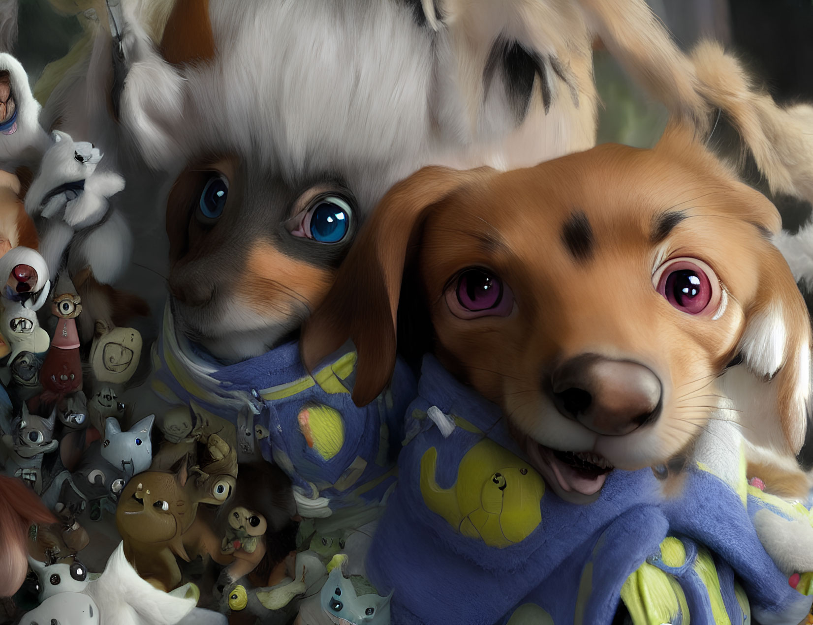 Two animated puppies in blue hoodies with expressive eyes among cute figurines