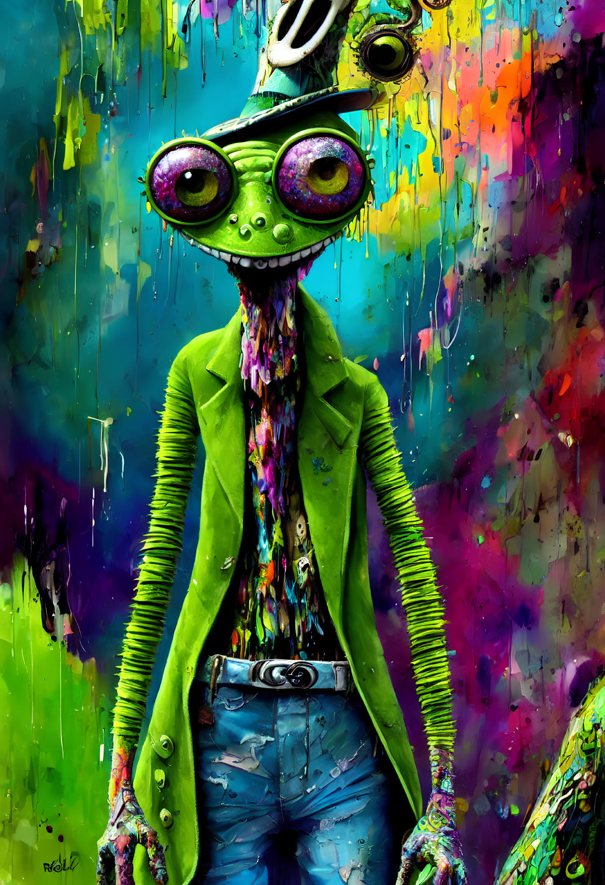 Colorful painting of green alien in suit jacket and jeans on dripping paint backdrop