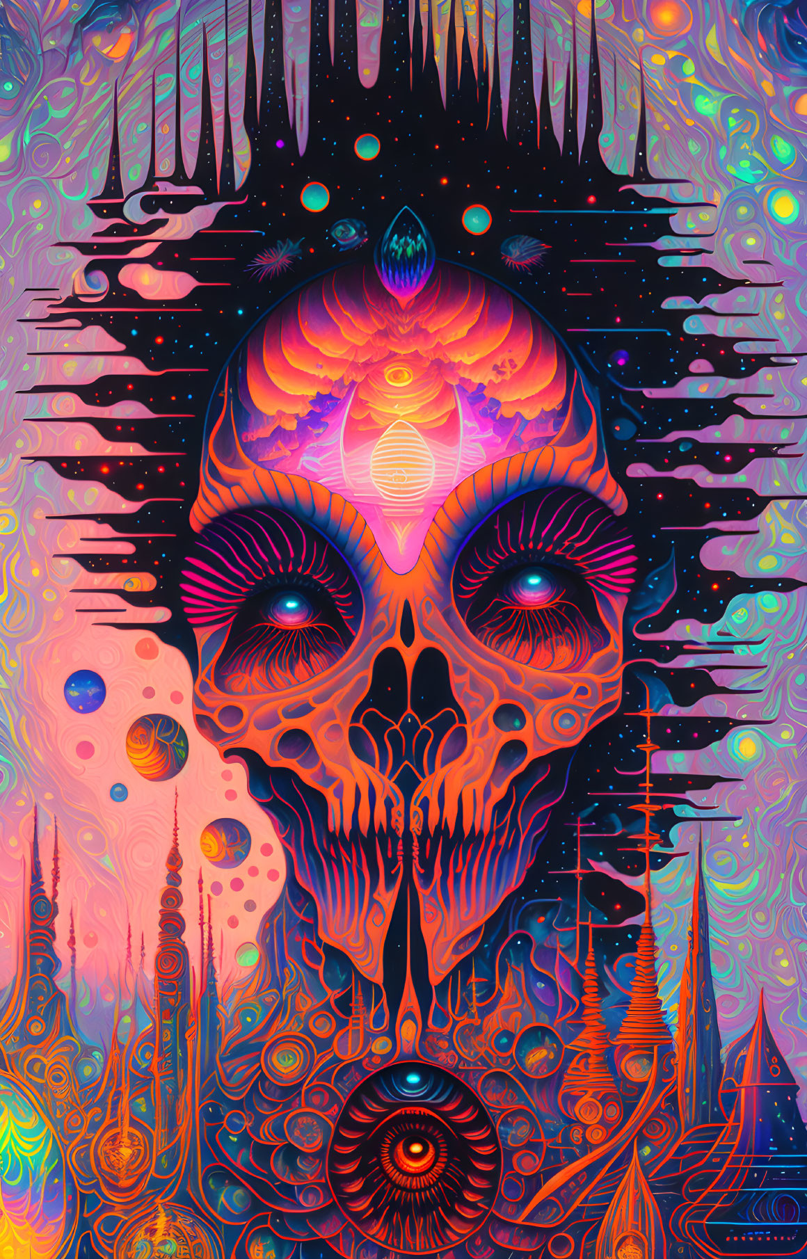 Colorful Psychedelic Skull Artwork with Cosmic and Spiritual Motifs