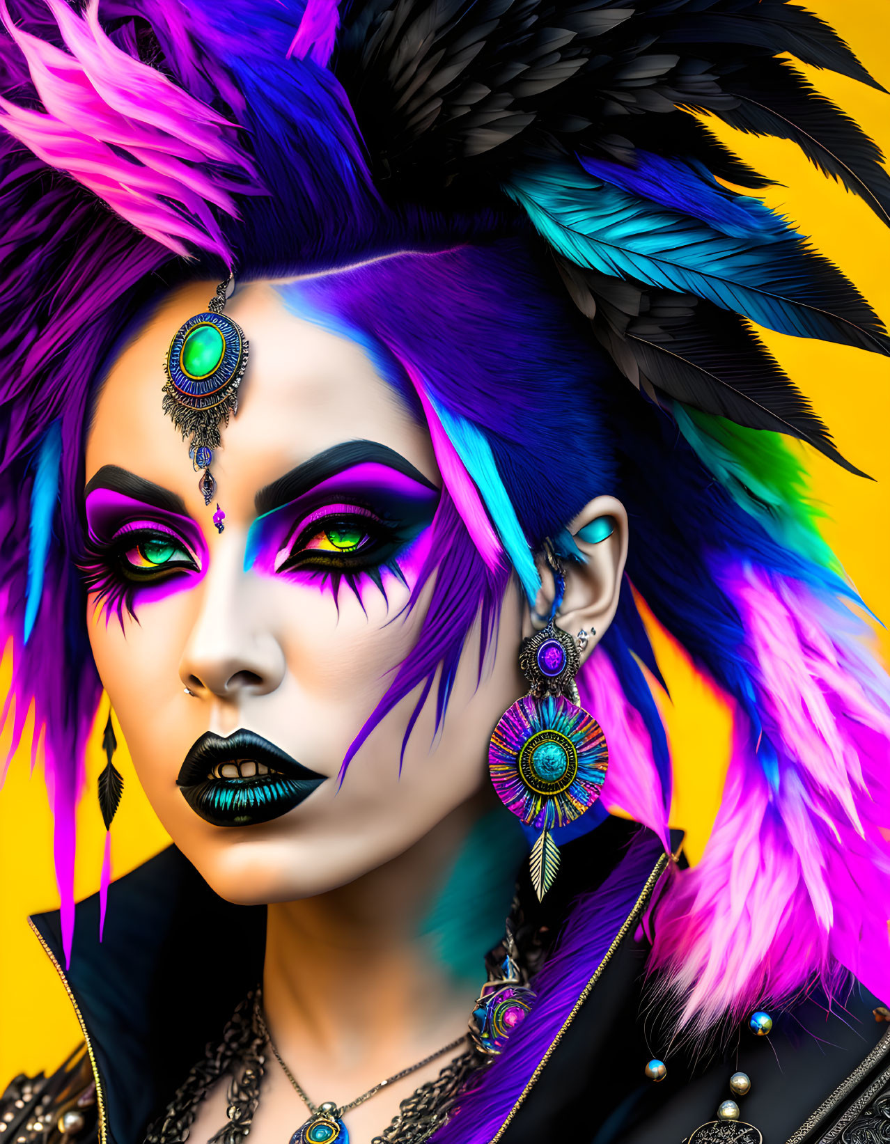 Colorful portrait of a person with purple hair, dramatic makeup, and  feather accessories | Deep Dream Generator