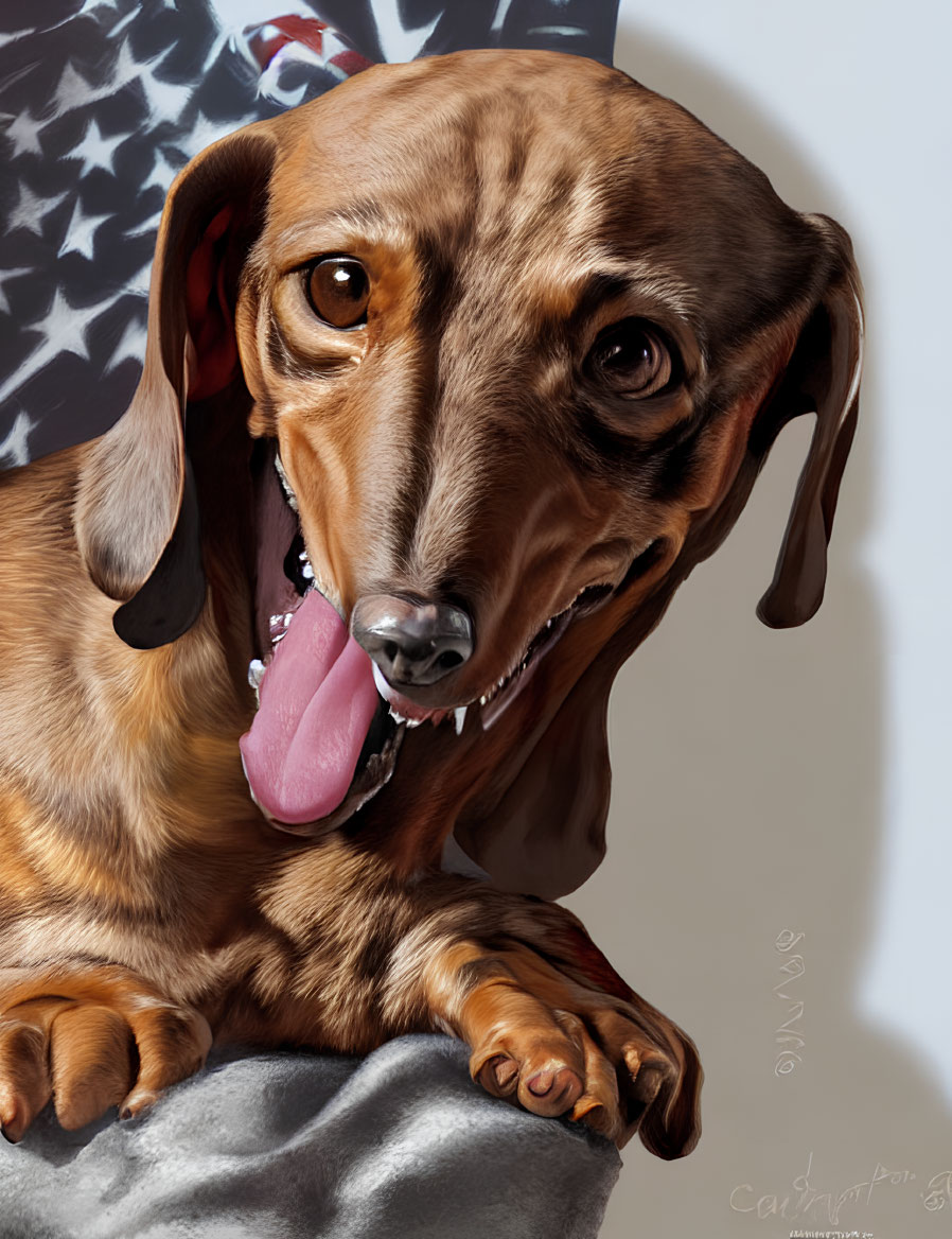 Brown Dachshund with Tongue Out in Front of American Flag on Light Background