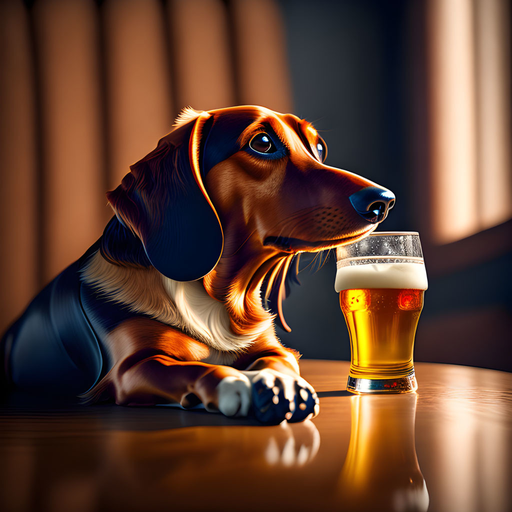 Brown and Black Dachshund Next to Pint of Beer on Wooden Surface