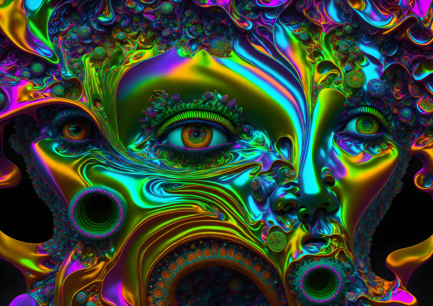 Colorful Abstract Art: Fractal-Like Patterns of Surreal Multi-Eyed Face