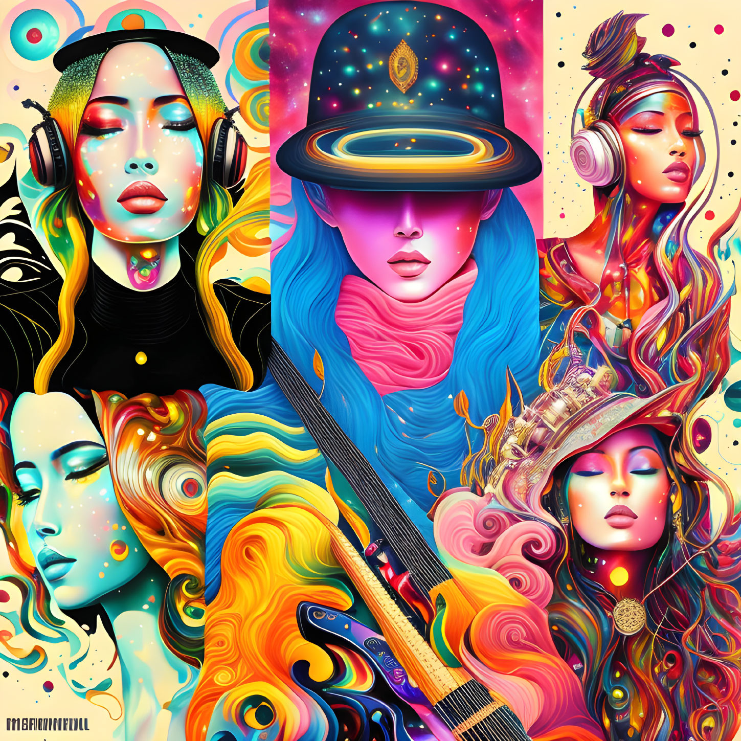 Colorful Collage of Stylized Female Portraits with Cosmic and Musical Themes