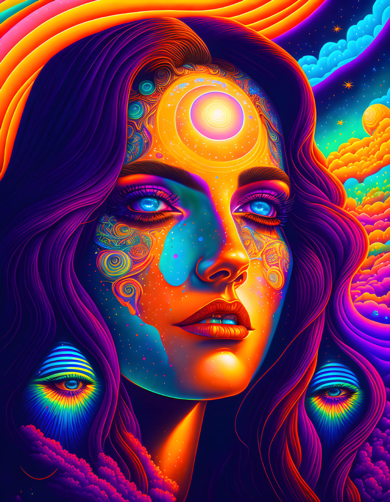 Colorful portrait of a woman with celestial patterns and third eye, cosmic motifs.