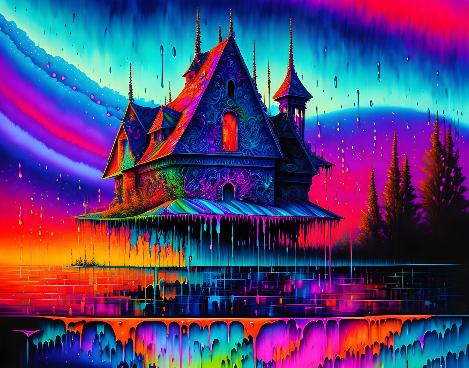 Colorful fantasy temple art under psychedelic northern lights