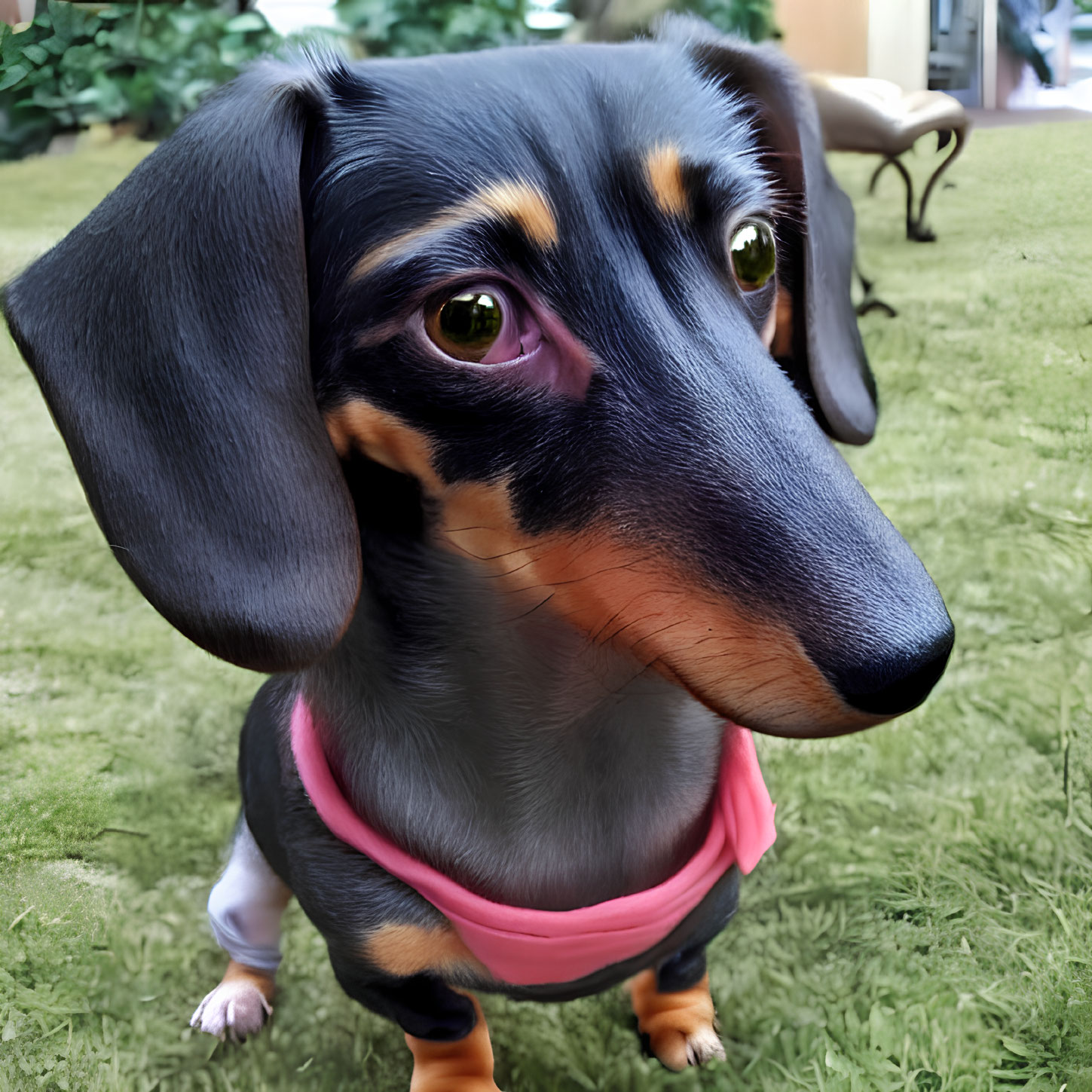 Black and Tan Dachshund with Pink Collar on Grass