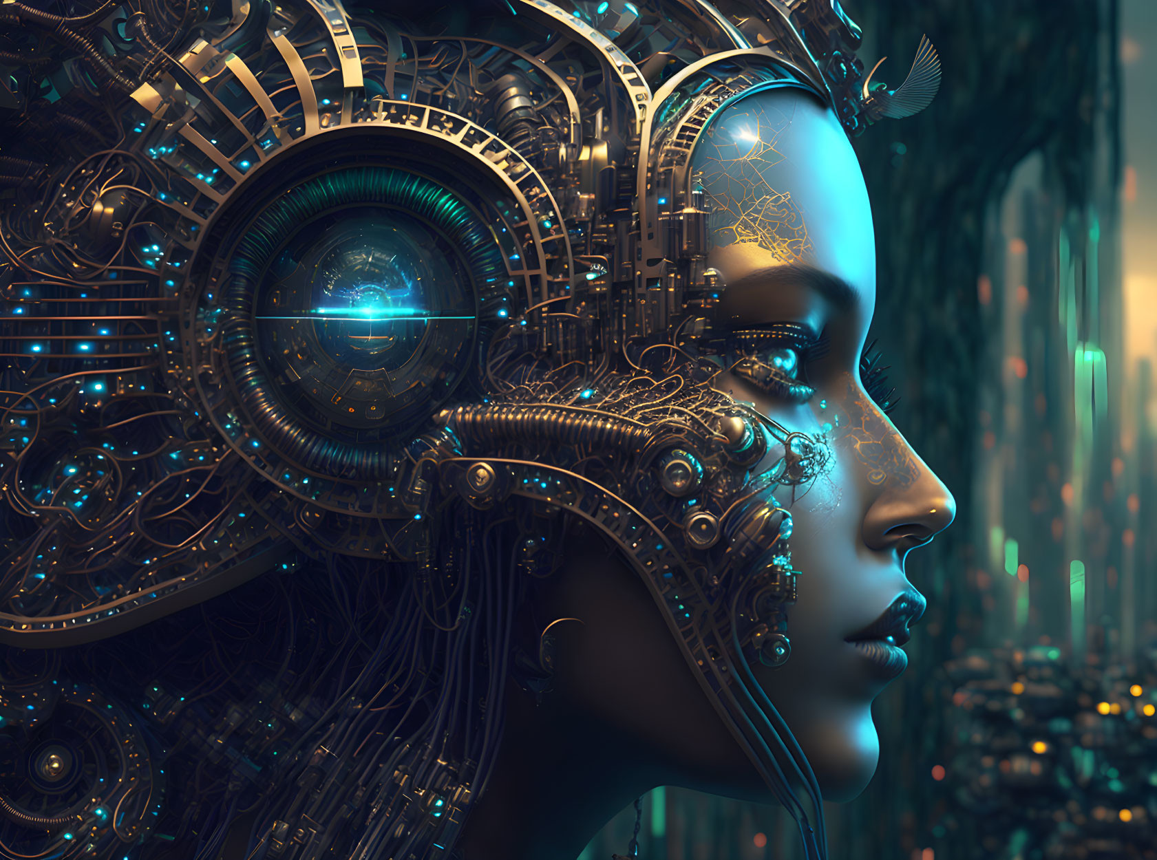 Female-like cyborg with glowing circuit patterns in futuristic setting