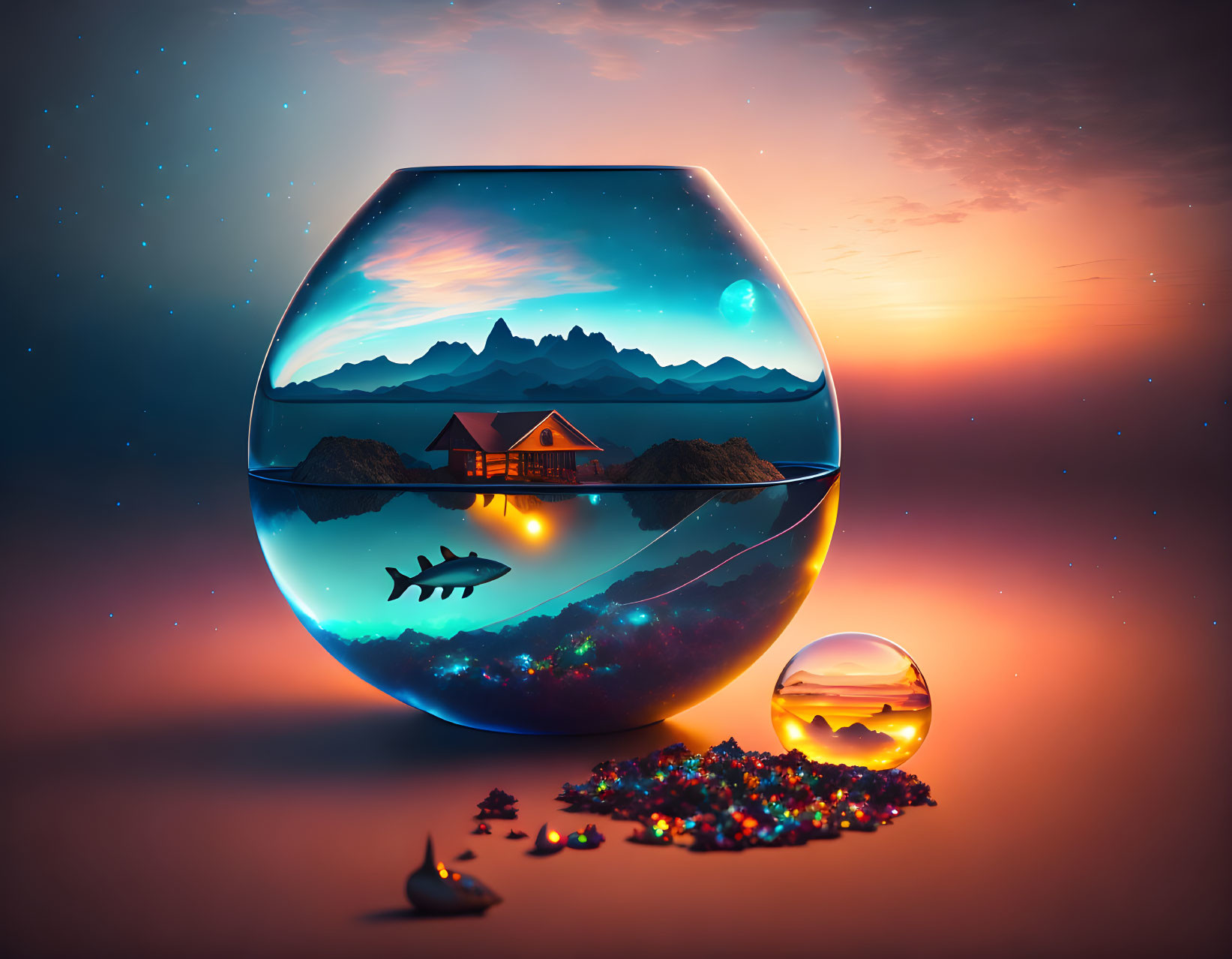 Surreal fishbowl with mountain landscape, house, fish, galaxy reflection, and colorful gems