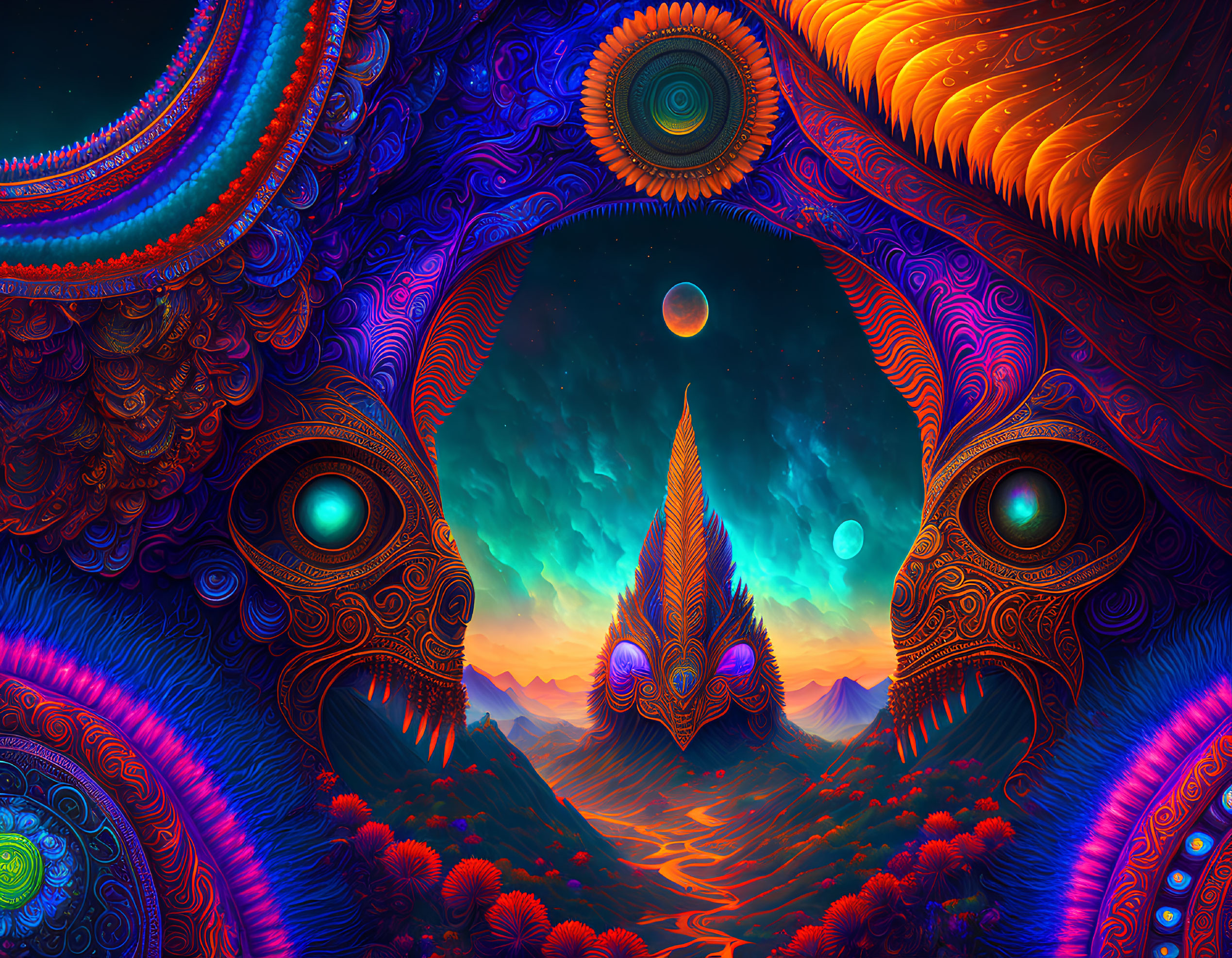 Colorful Psychedelic Landscape with Mountains, Celestial Bodies, and Eyes