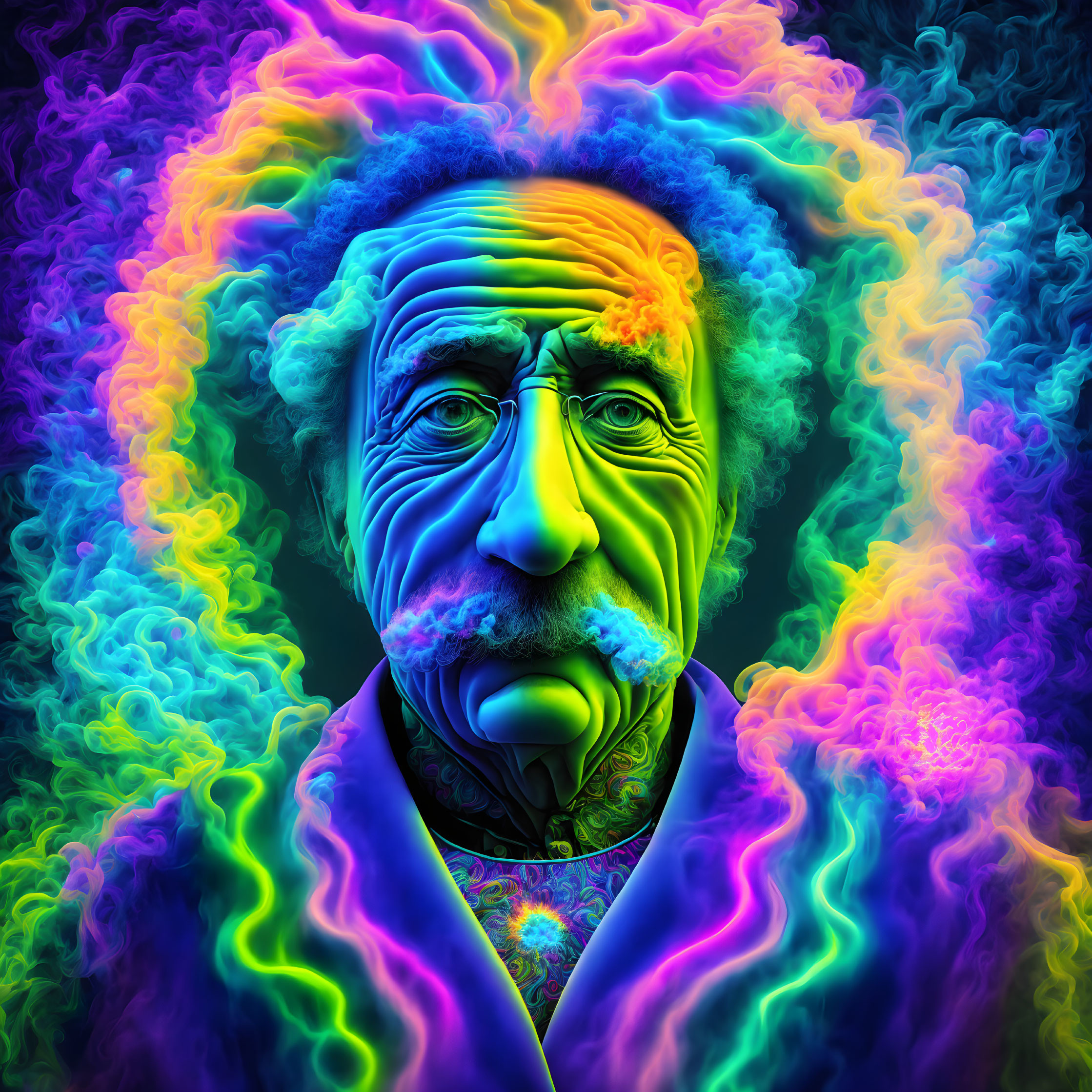 Colorful Psychedelic Portrait of Man with Einstein-Like Hair